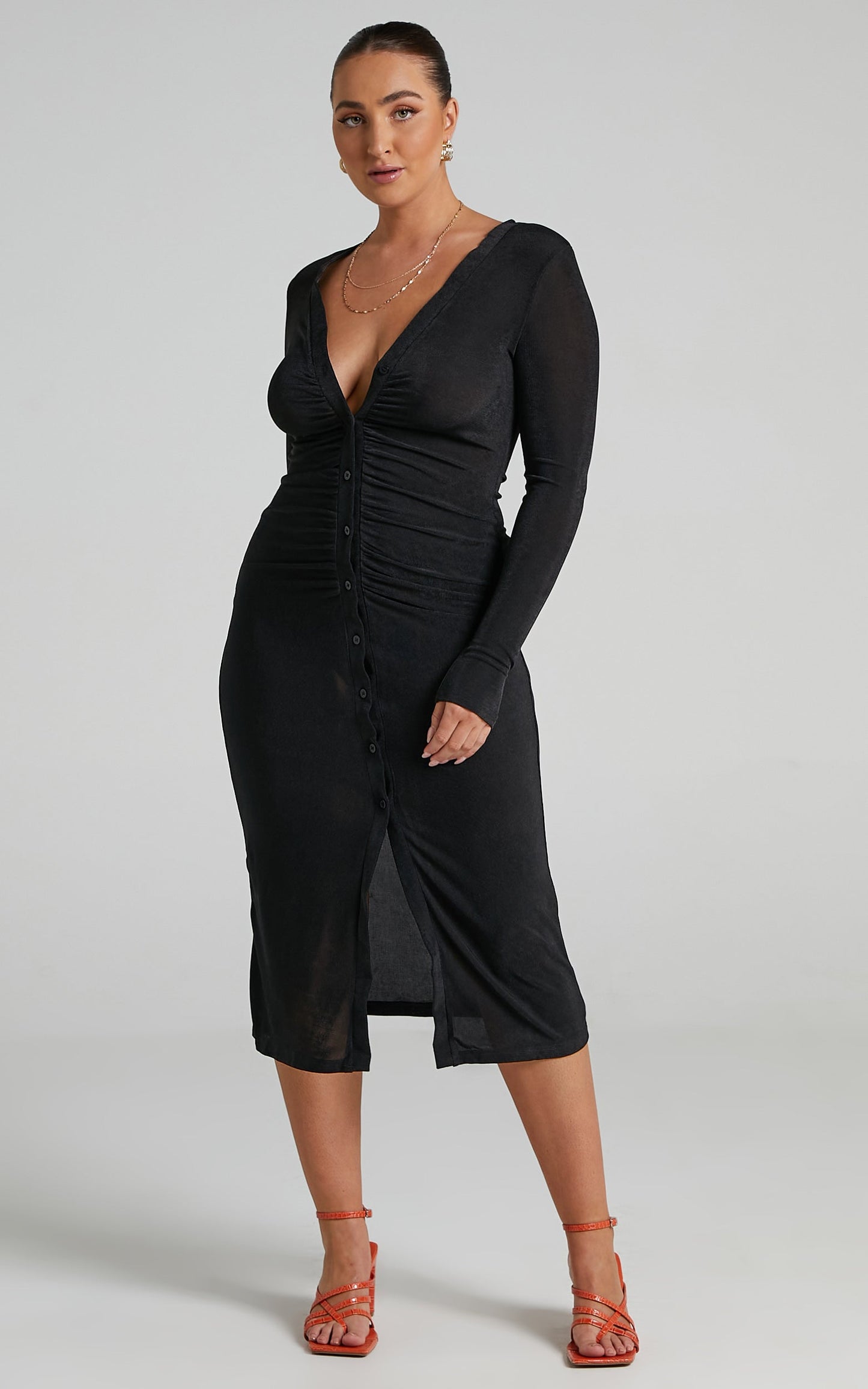 Keagan Midi Dress - Ruched Button Front Dress in Black