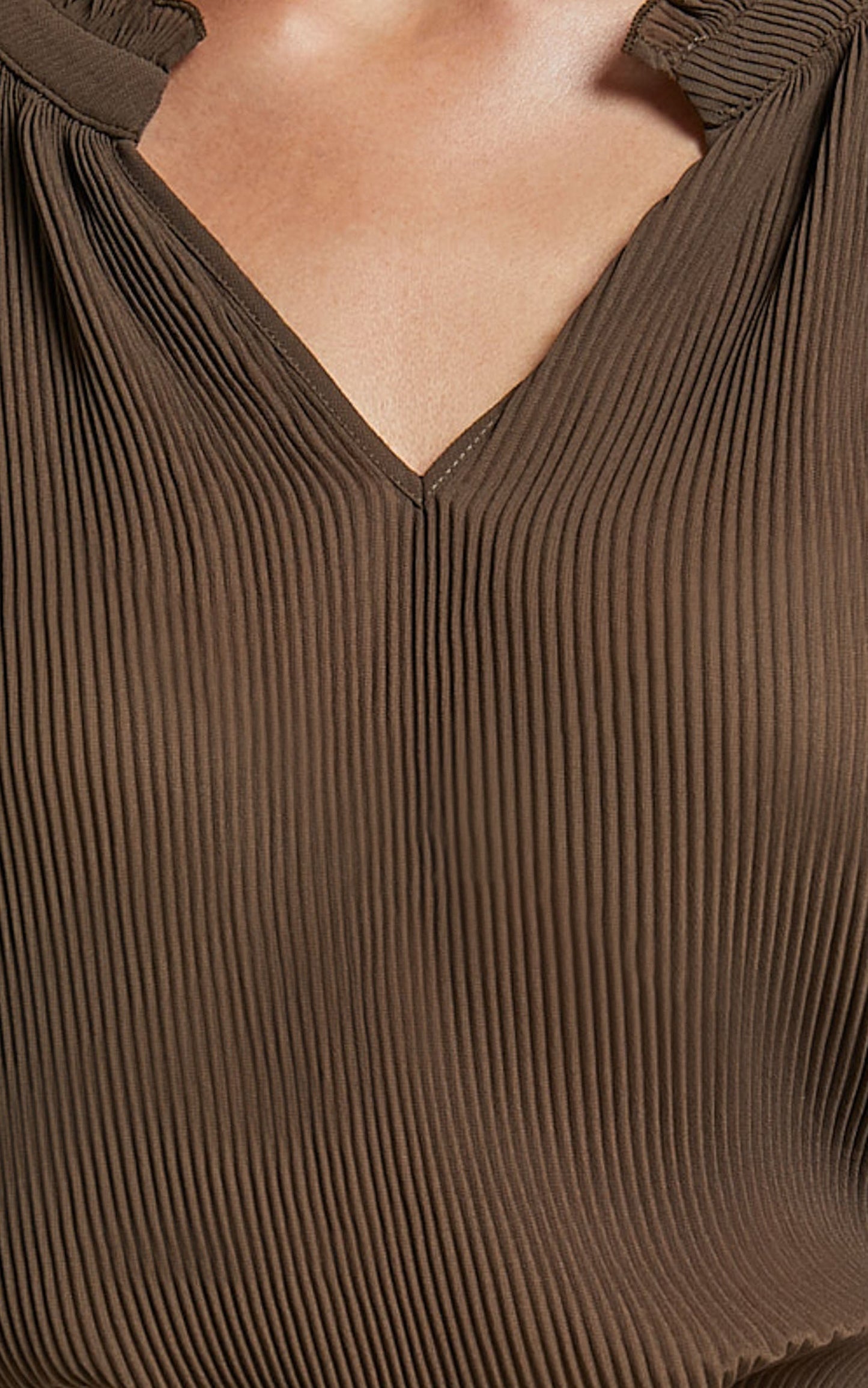 Kerray Top - V Neck Long Sleeve Pleated Top in Mocha