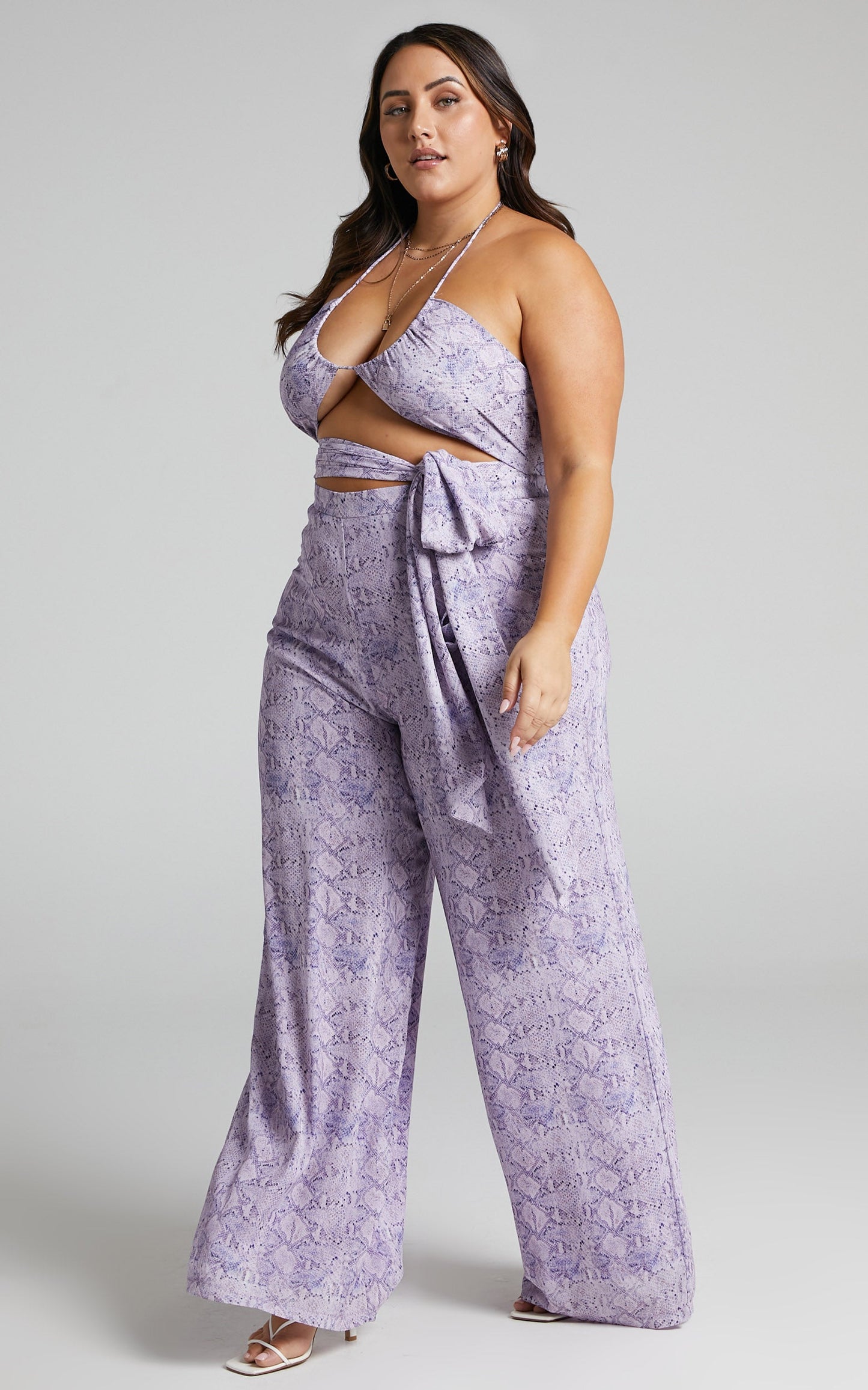 Khaji Top - Halter Scarf Bust Crop Top in Lilac Snake Print