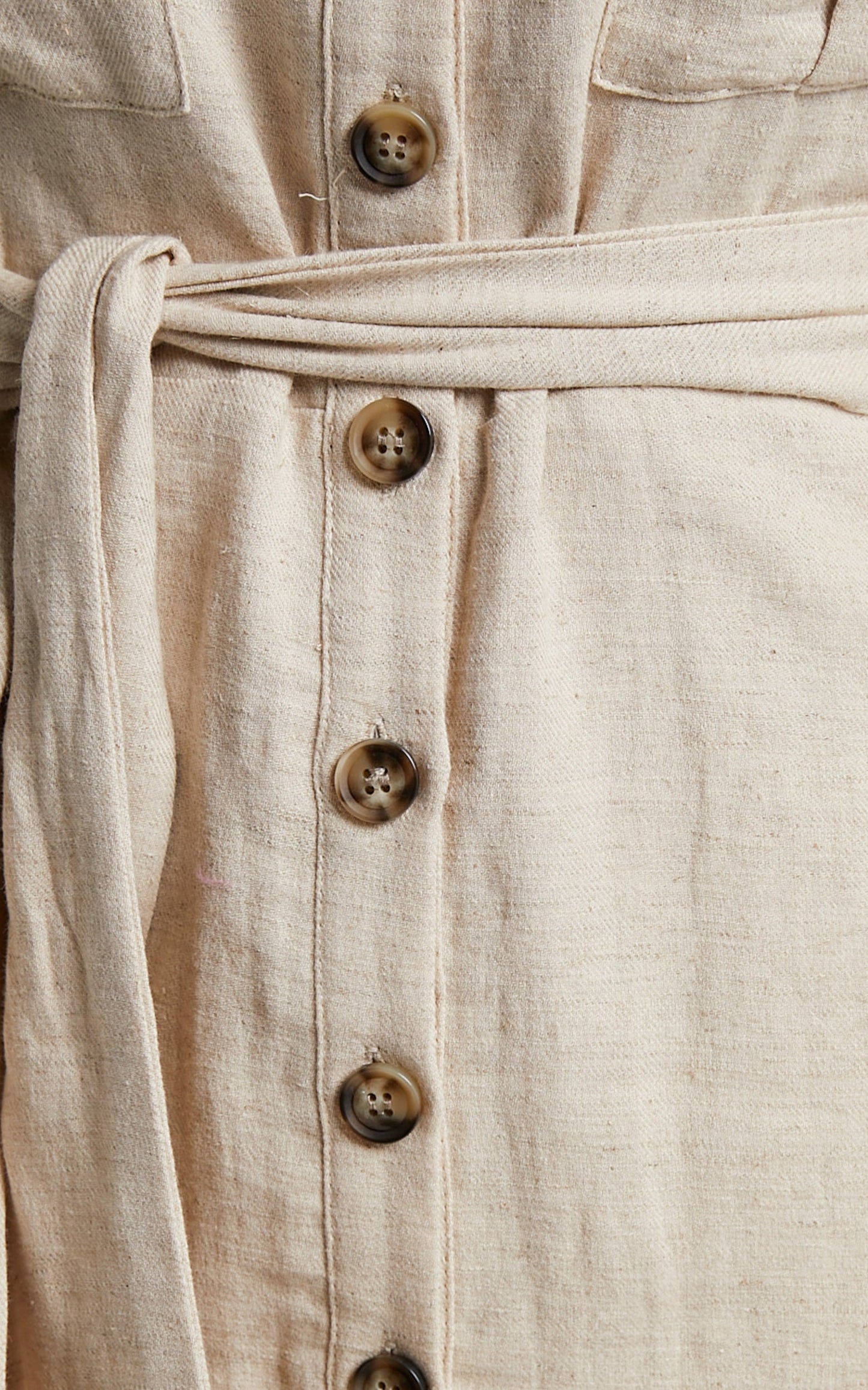 Larissa Mini Dress - Linen Look Puff Sleeve Belted Button Through Shirt Dress in Oatmeal