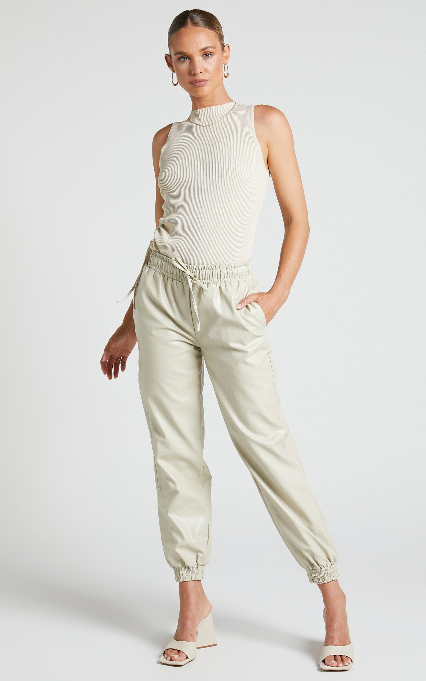 Laurenna Pants - Mid Rise Drawstring Waist Joggers in Beige
