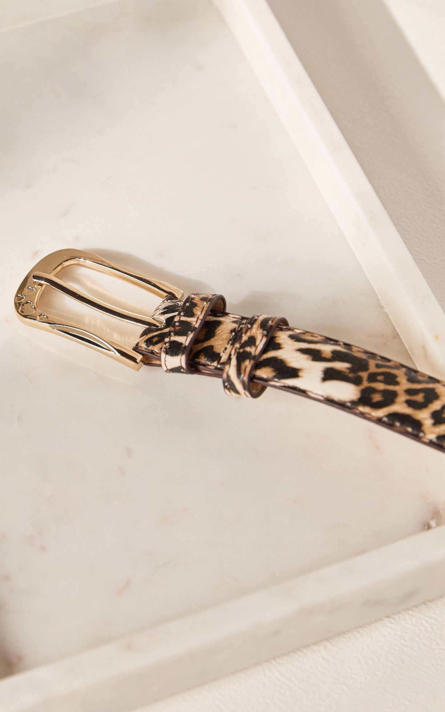 Leah Belt - Thin Gold Buckle PU Leopard Print Belt in Brown