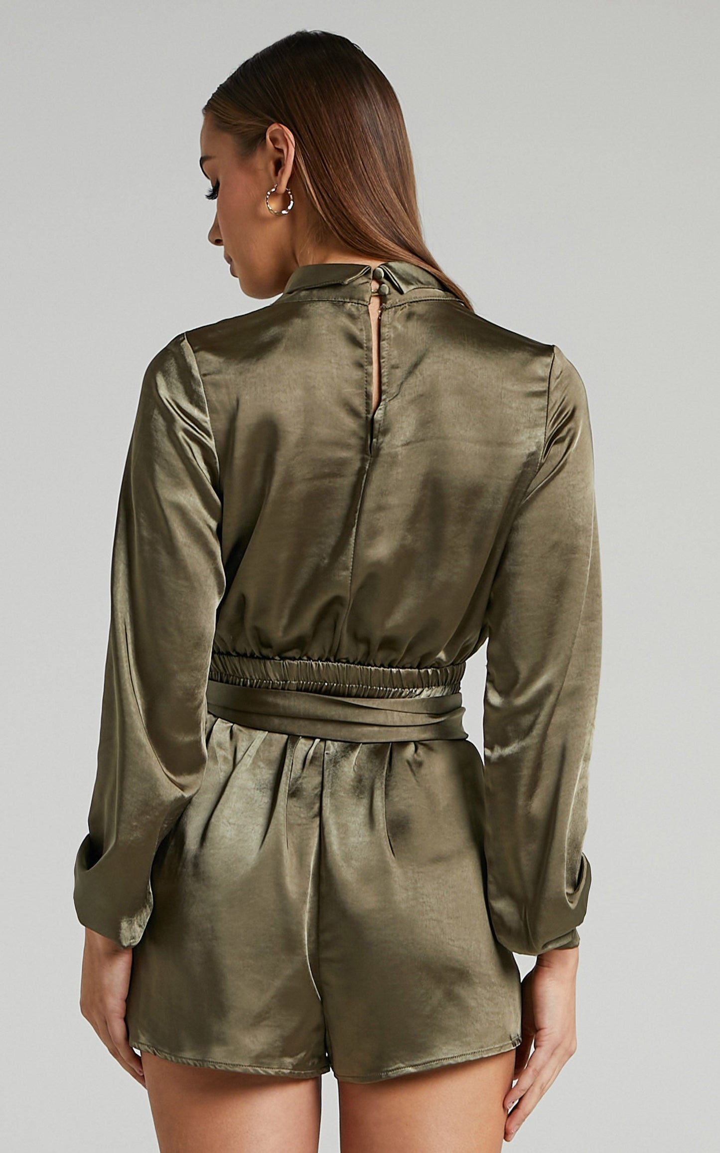 Leo Long Sleeve Wrap Neckline Playsuit in Olive Satin