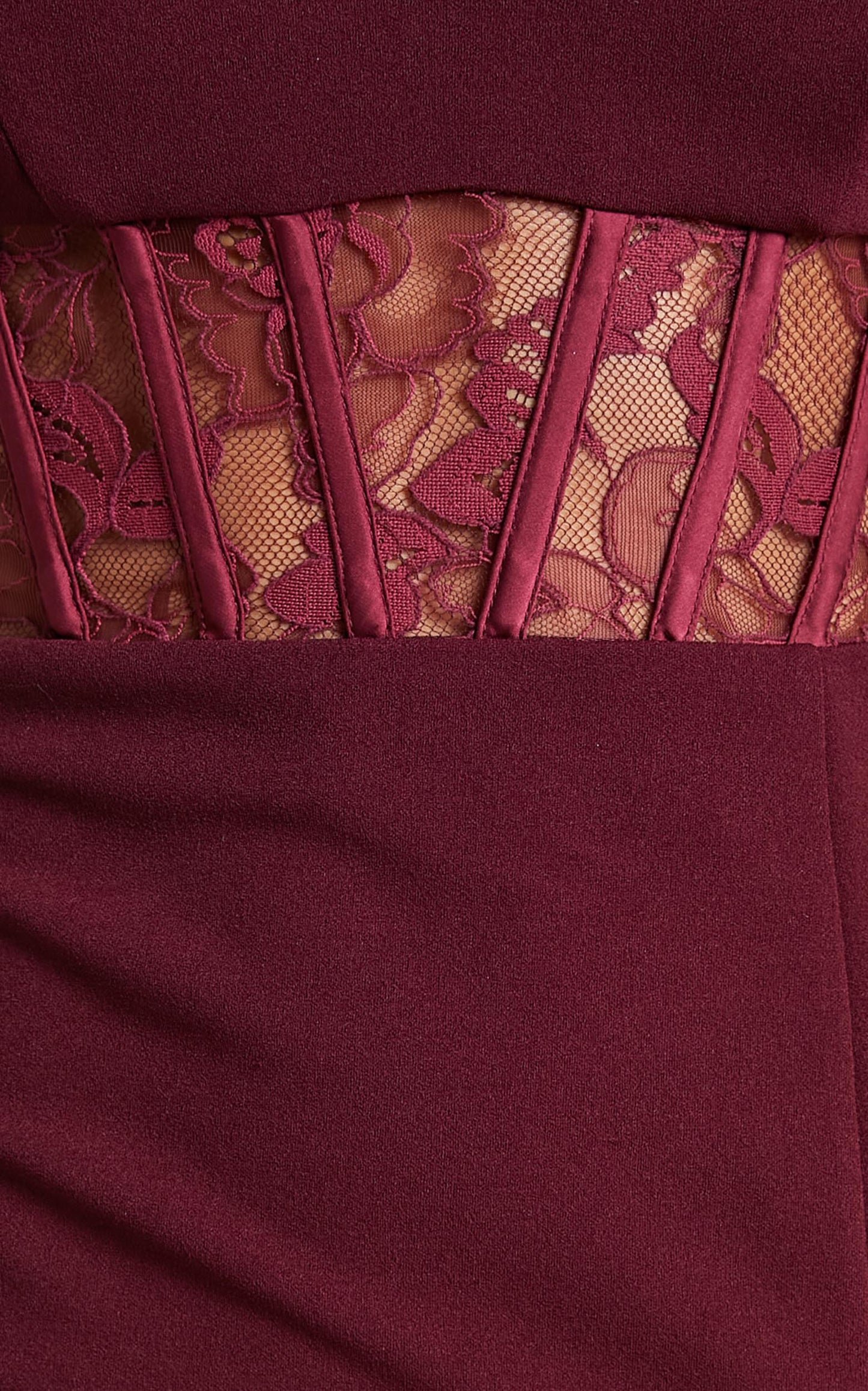Lezel Maxi Dress - Lace Panel High Split Pencil Dress in Maroon