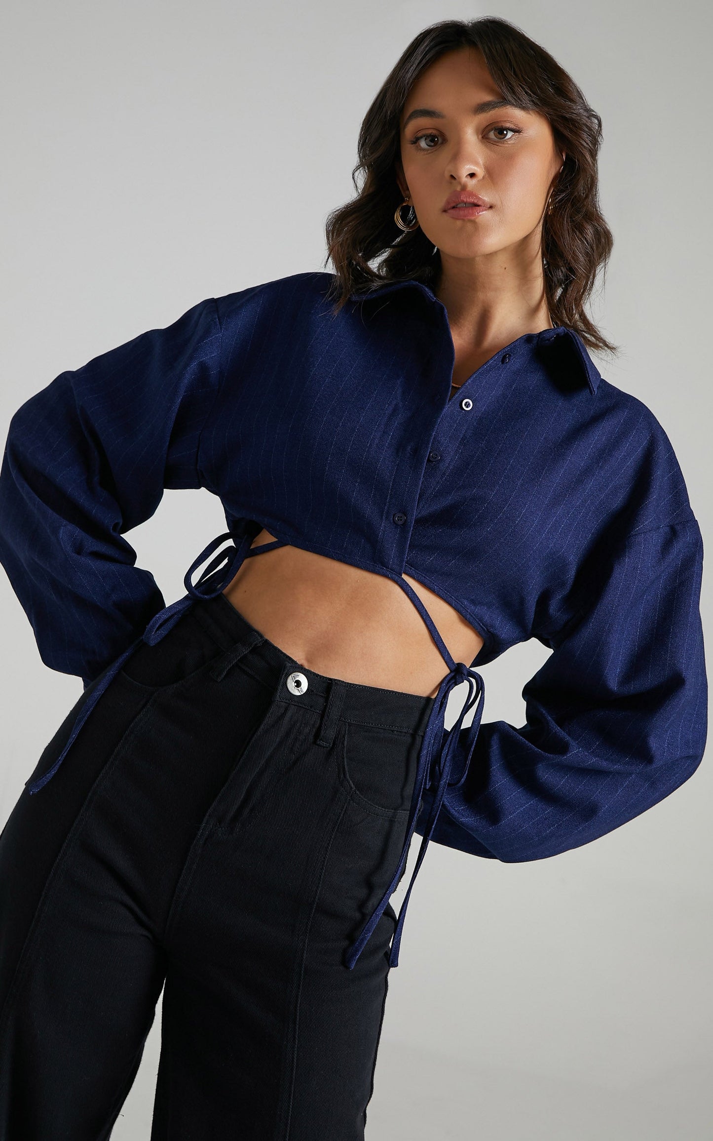 Lioness - Hideaway Crop Shirt in Midnight Pinstripe