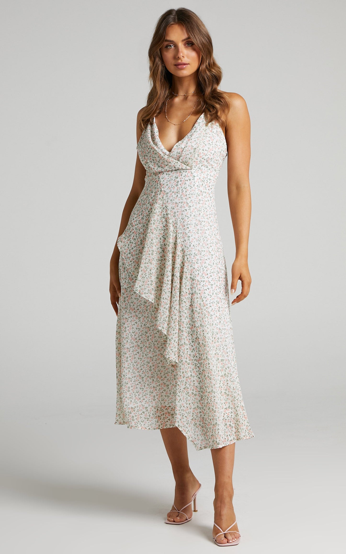 Luca Cowl Neck Midi Dress in White Floral