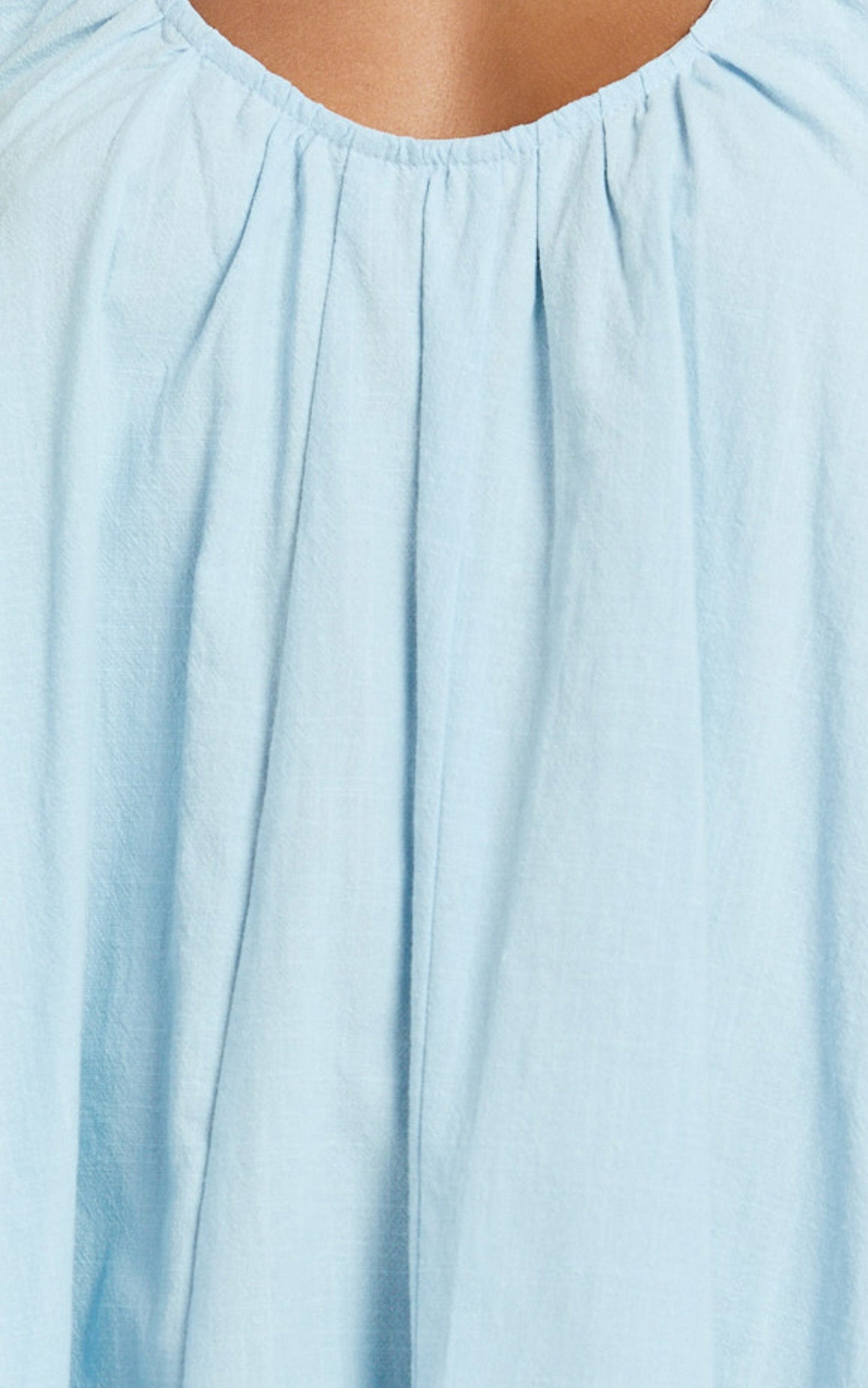 Lucinda Mini Dress - Deep U Gathered Neck Smock Dress in Pale Blue