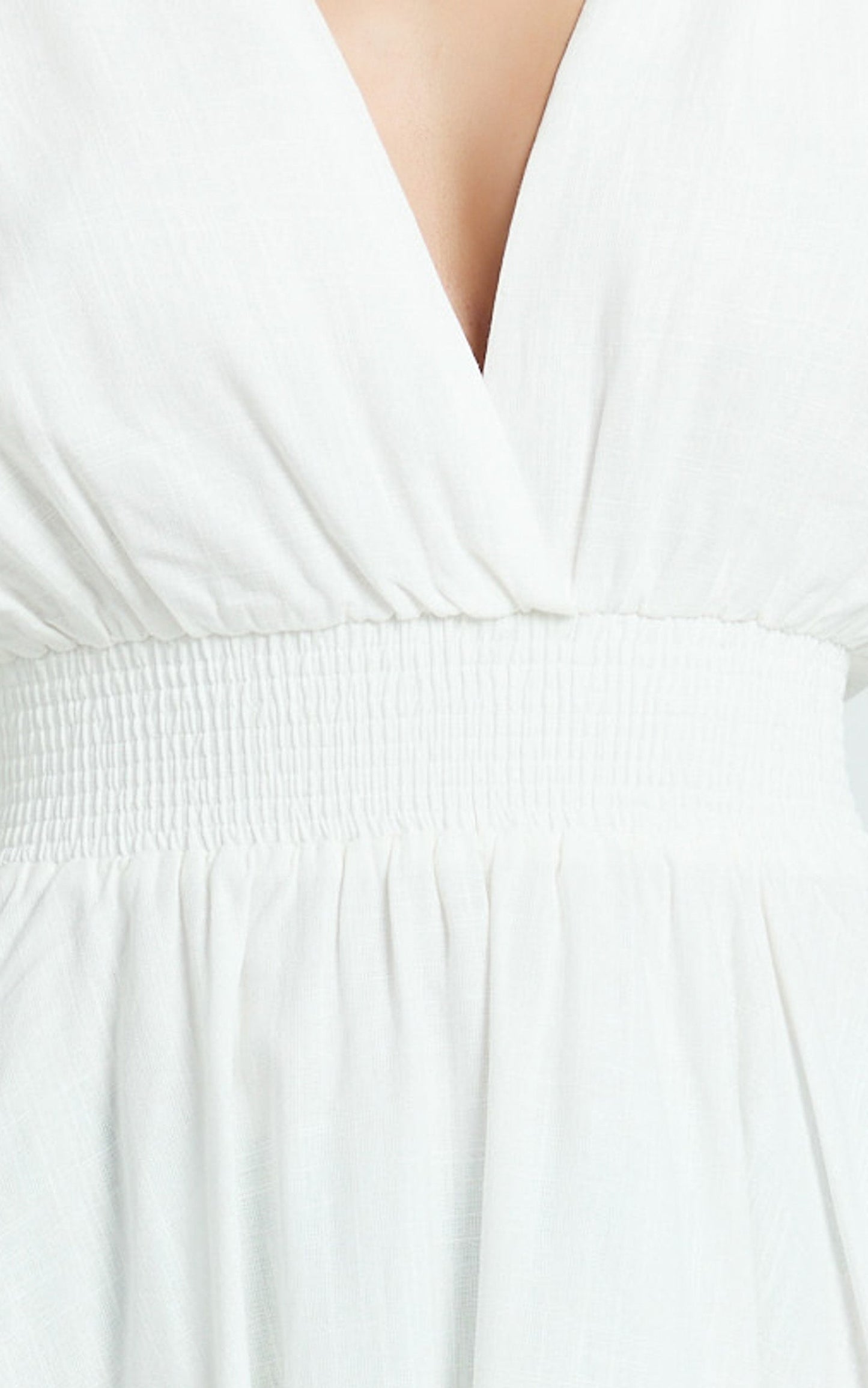 Luisa Mini Dress - Plunge Neckline Linen Blend Fit and Flare Dress in Off White