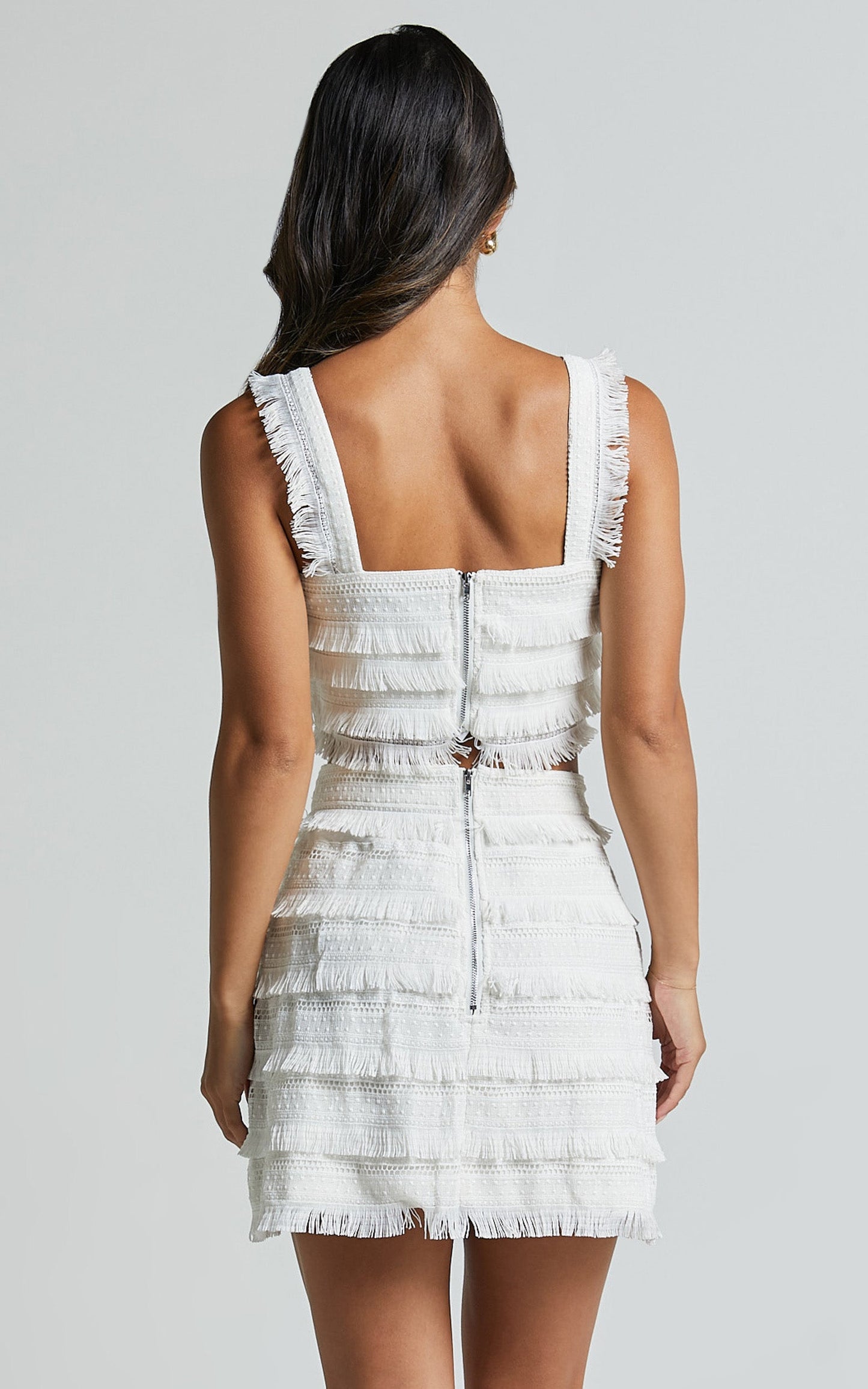 Lylah Two Piece Set - Fringe Crop Top and Mini Skirt Set in Ivory