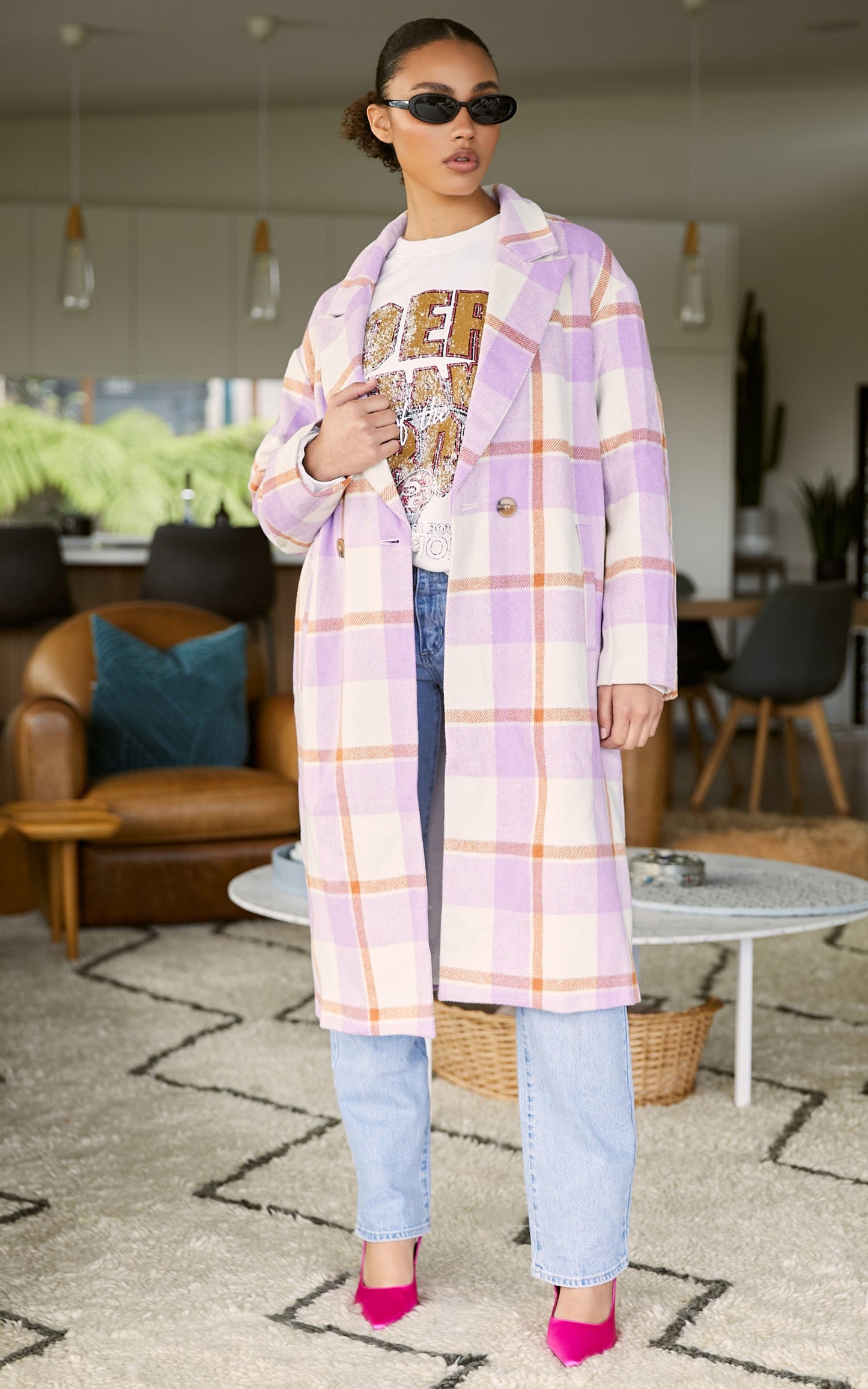 Mariam Coat - Double Breasted Coat in Purple Check