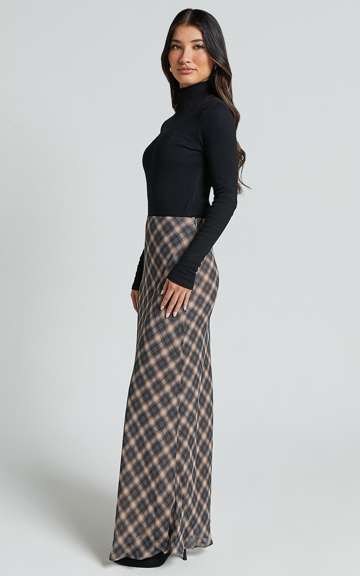 Mandy Maxi Skirt - High Waist Slip Skirt in Multi Check