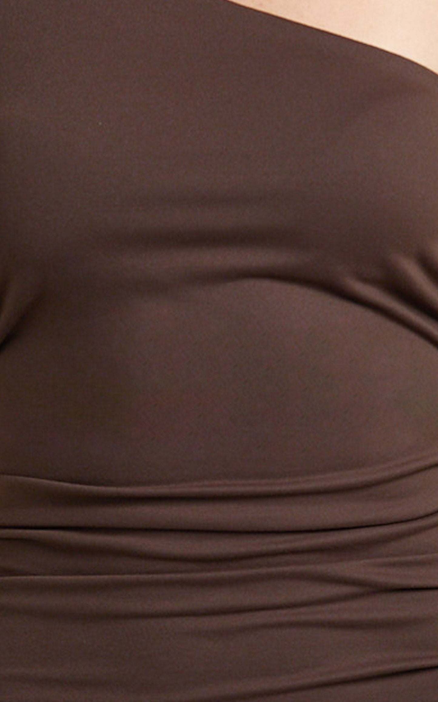 Mariah Mini Dress - One Shoulder Ruched Jersey Dress in Chocolate