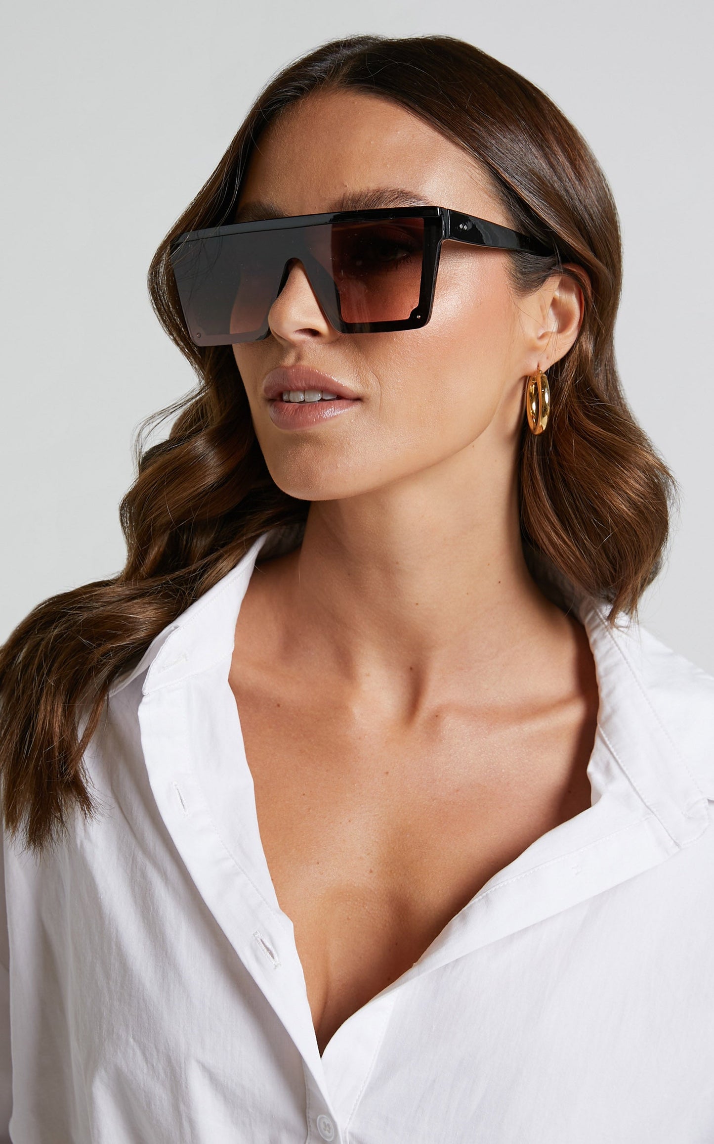 Marizze Sunglasses - Flat Top Square Shield Sunglasses in Bright Black with Brown Pink