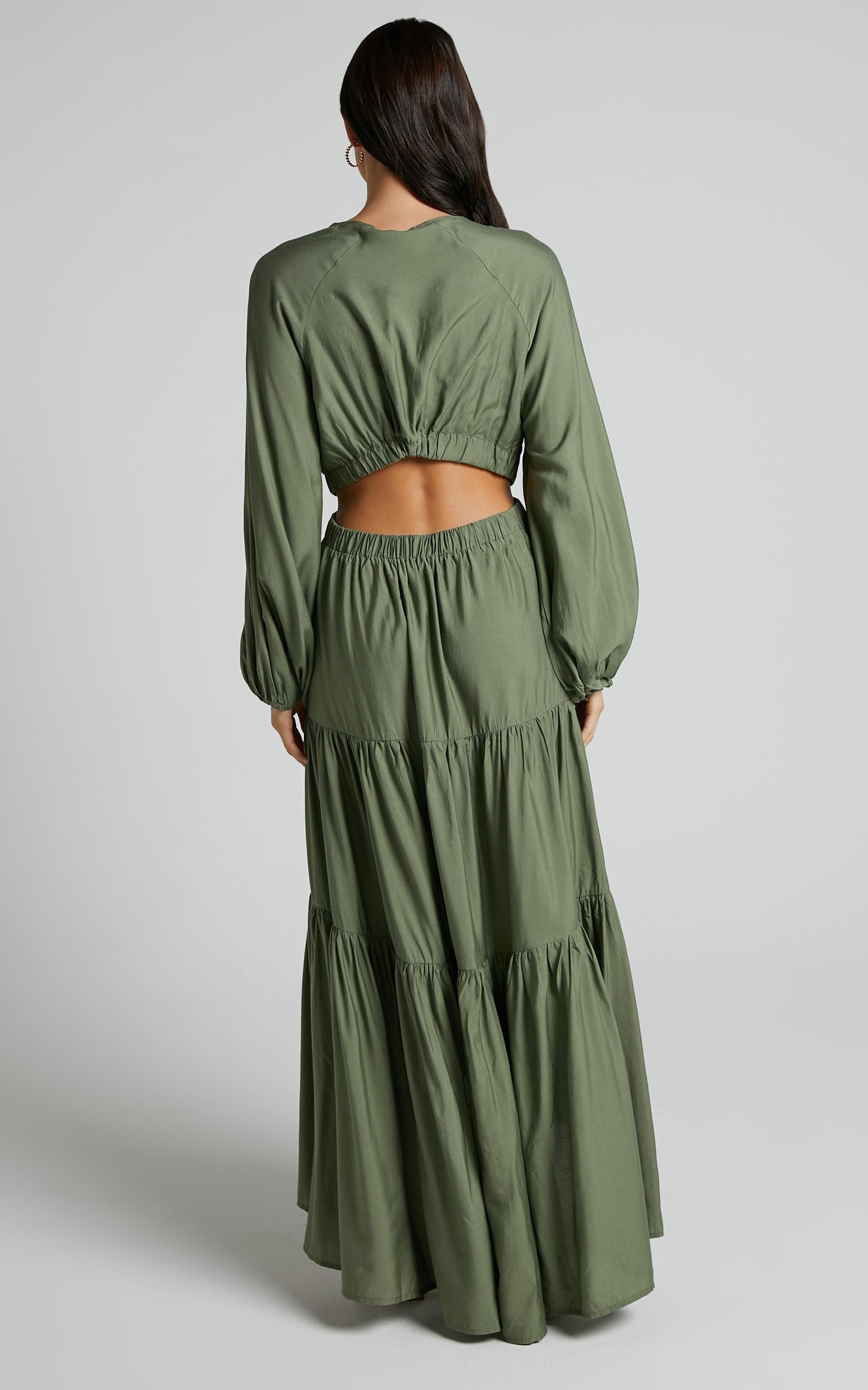 Marta Midi Dress - Long sleeve V Neck Cut Out Dress in Khaki