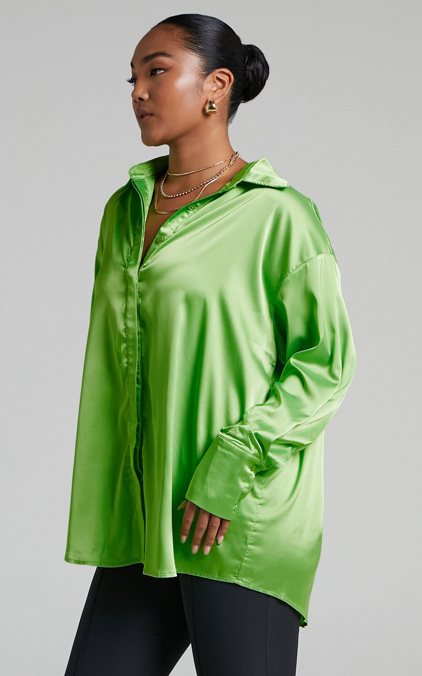 Matheresa Shirt - Oversized Button Up Satin Shirt in Lime