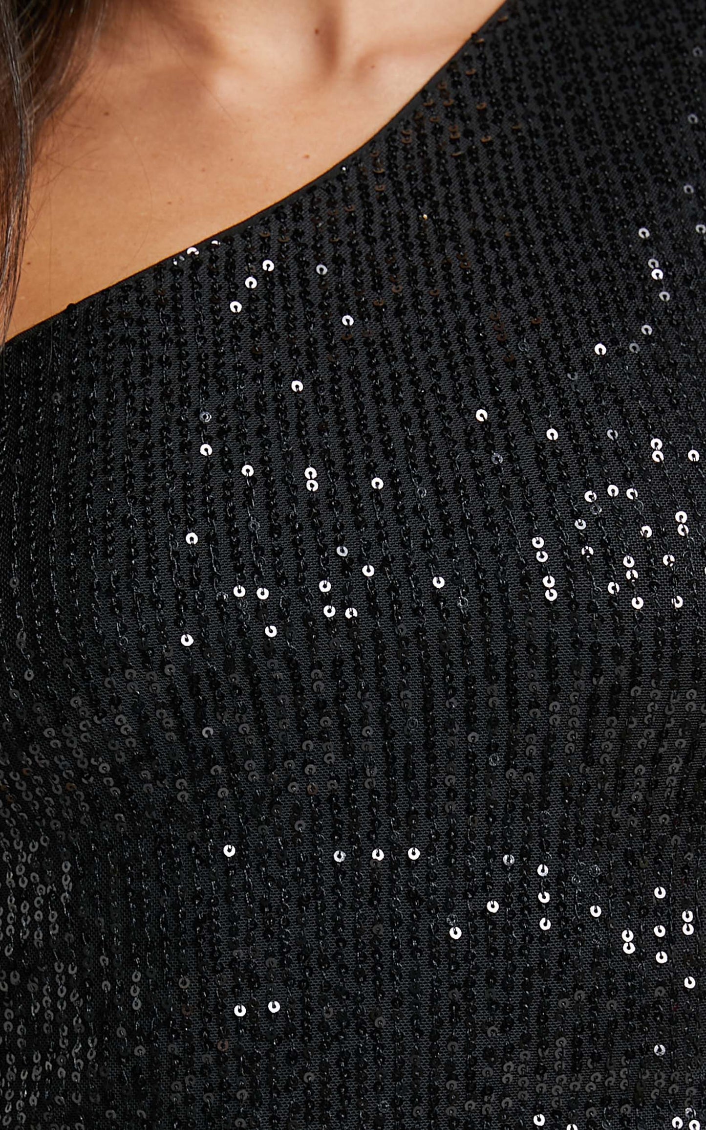 Mayrin Bodysuit - One Shoulder Sequin Bodysuit in Black Sequin