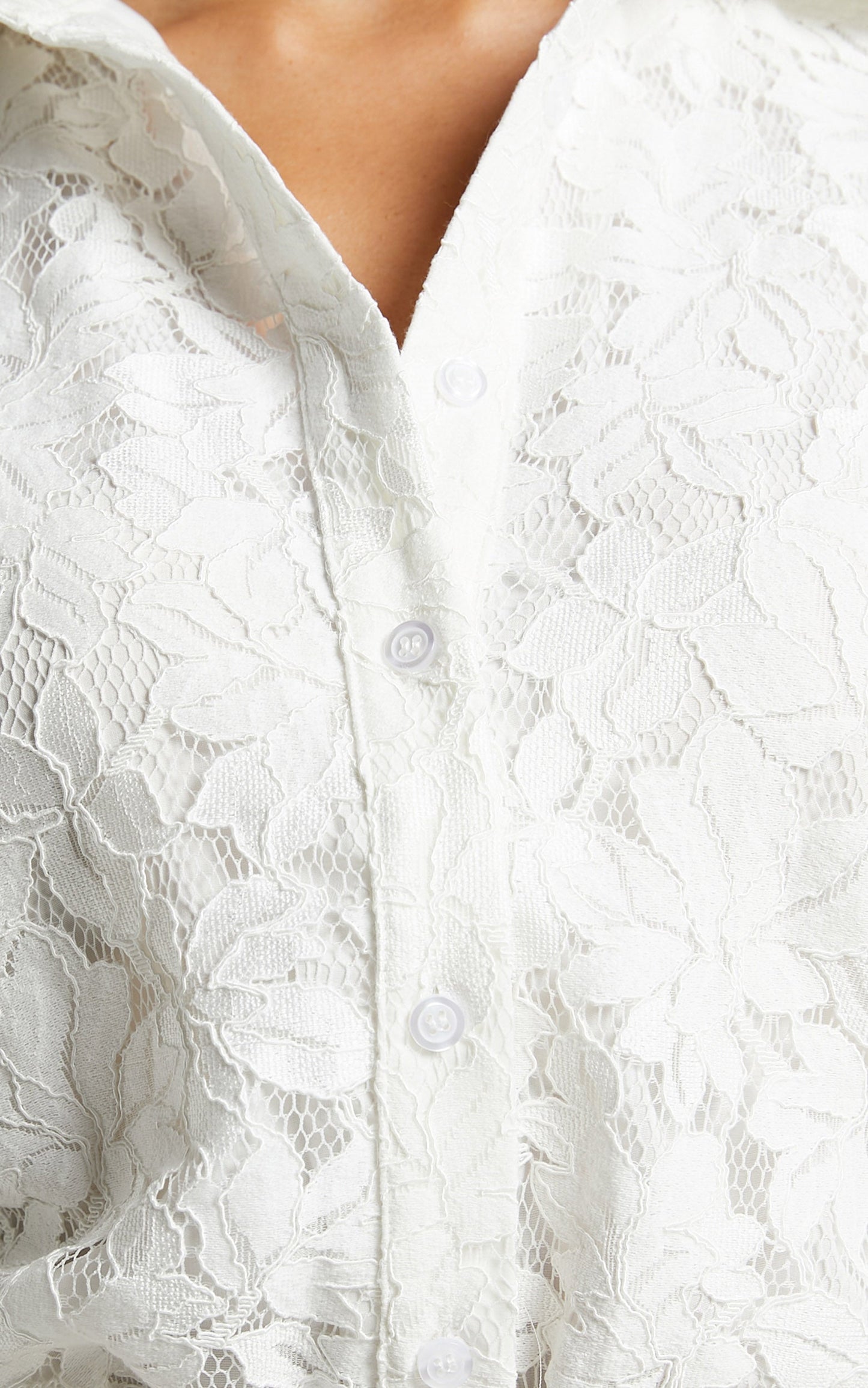 Meghan Shirt - Ballon Long Sleeve Lace Button Up Shirt in White