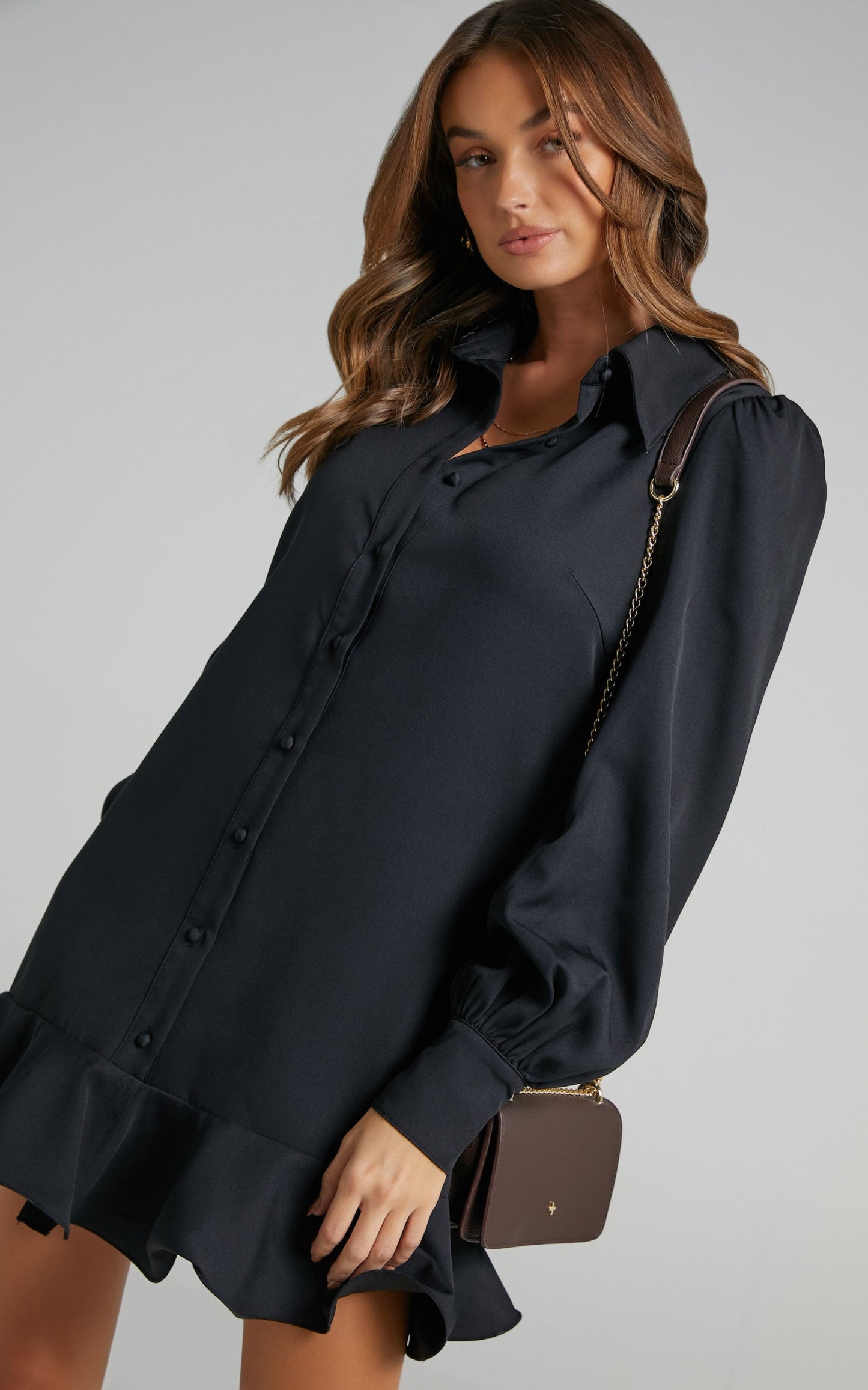 Mica Mini Dress - Frill Hem Balloon Sleeve Shirt Dress in Black