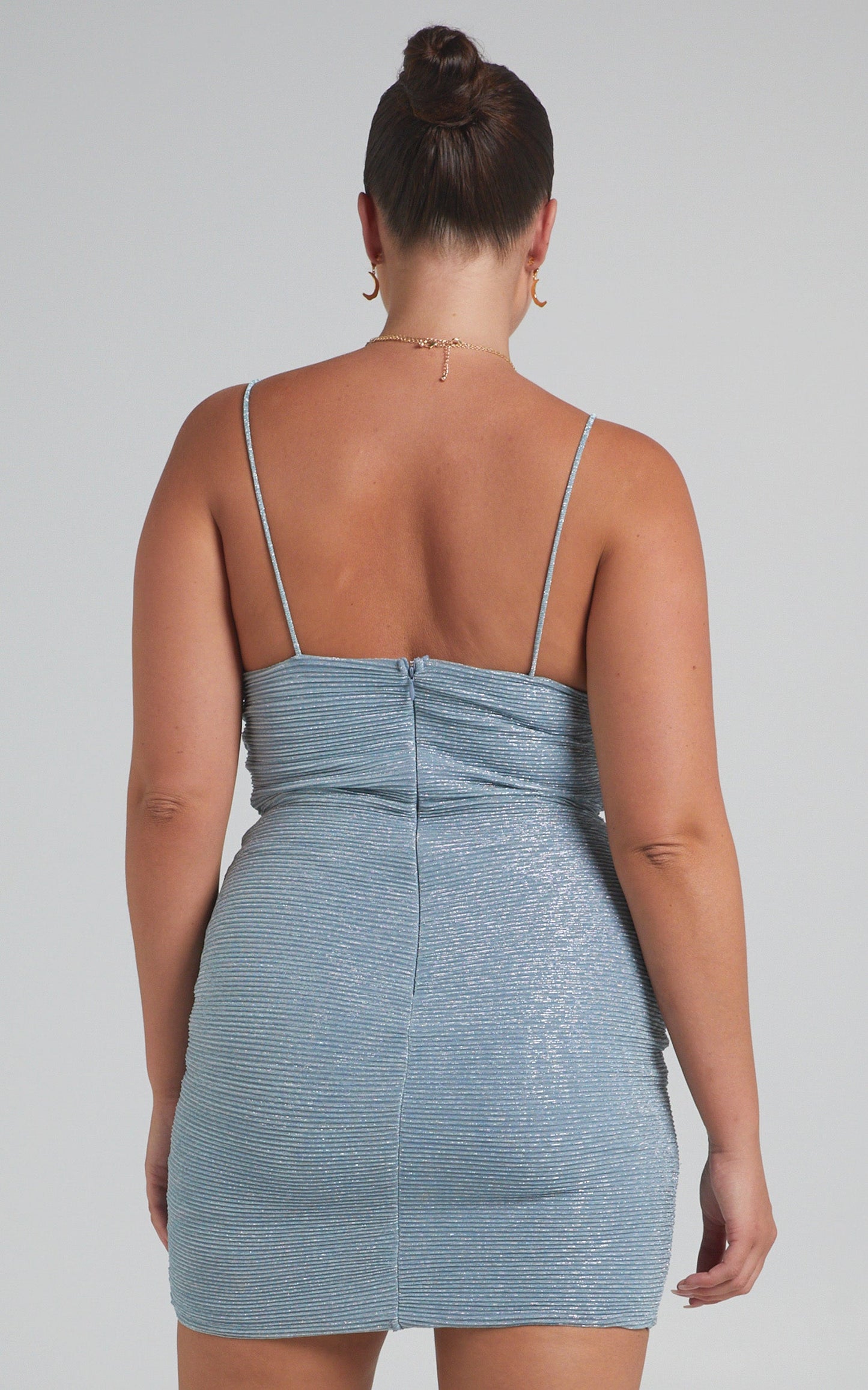Halie Criss Cross Front Lurex Mini in Steel Blue Lurex