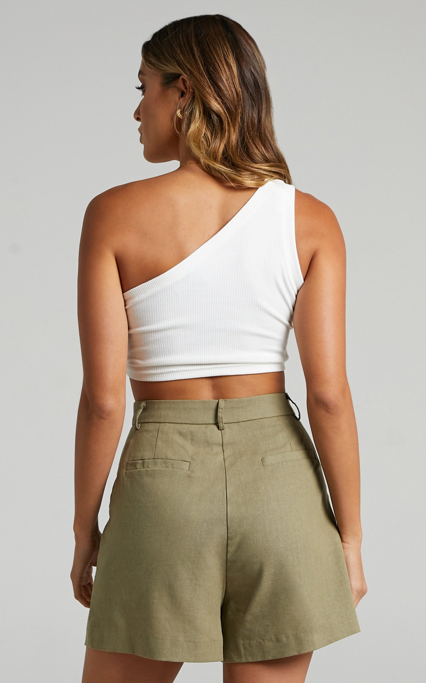 Mirable Linen Blend Shorts - High Waisted Tailored Shorts in Khaki