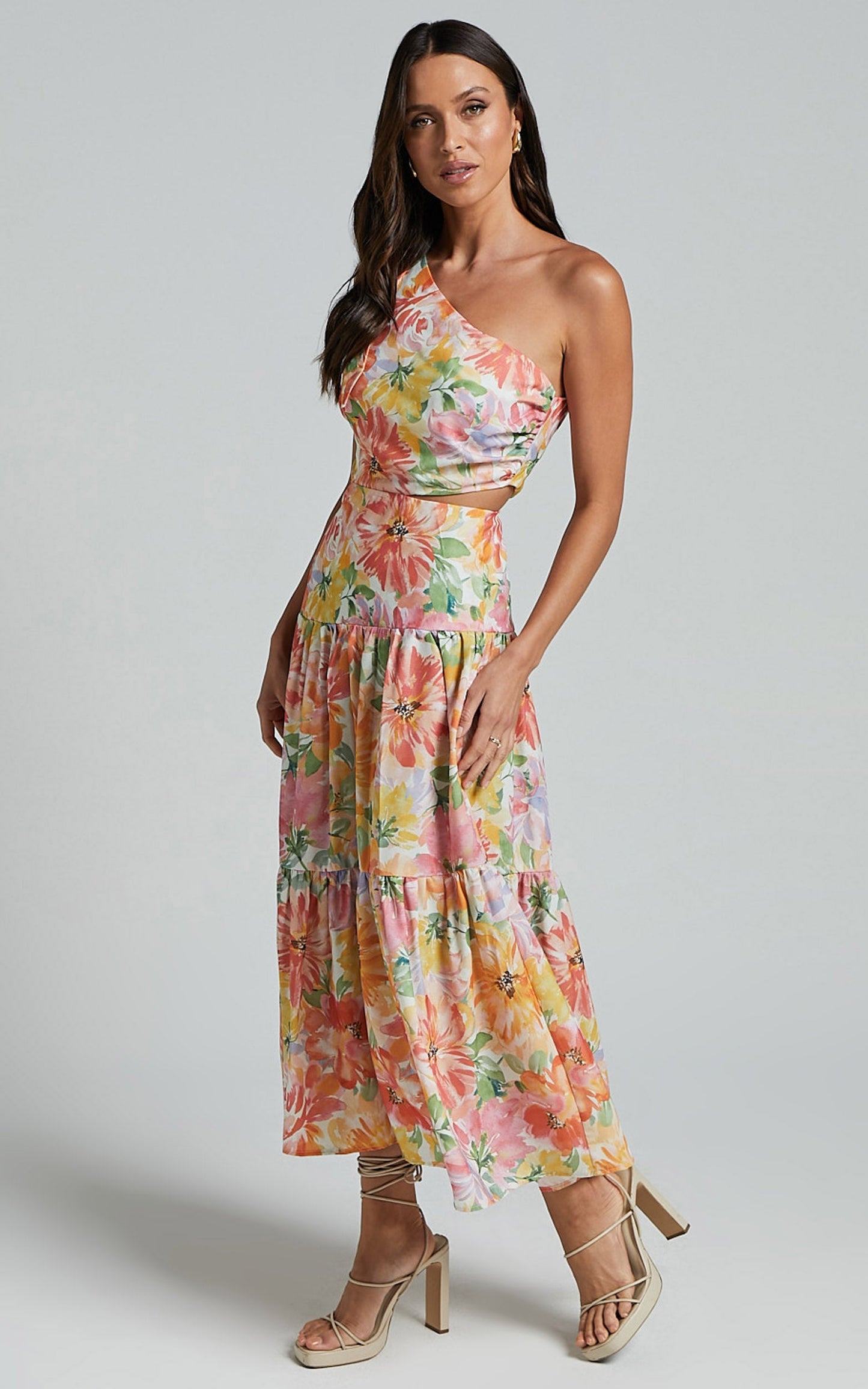 Mitzy Midi Dress - One Shoulder Cut Out Tiered Dress in Summer Floral
