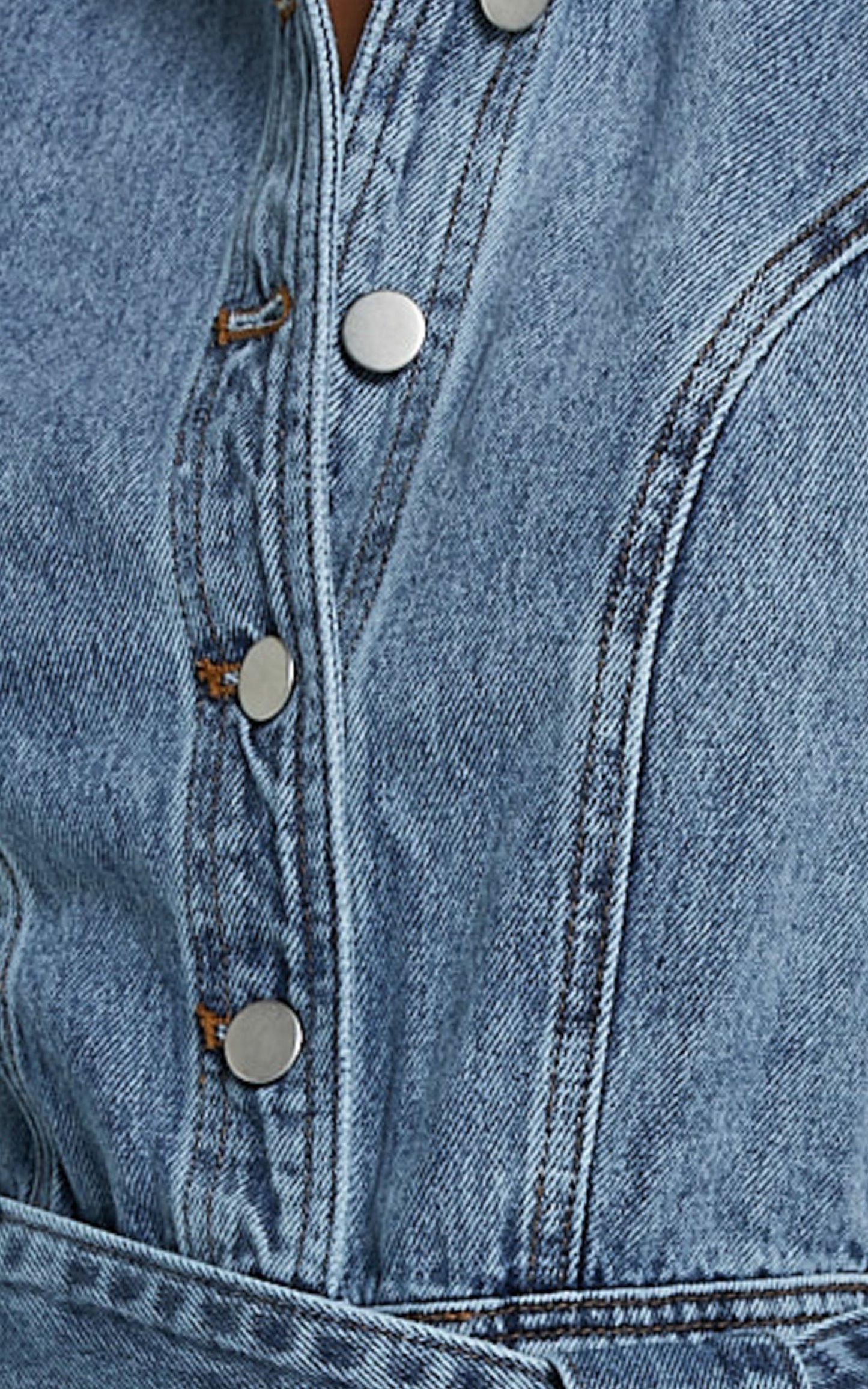 Nilsen Playsuit - Button Through Tie Waist Denim Playsuit in Mid Blue Wash