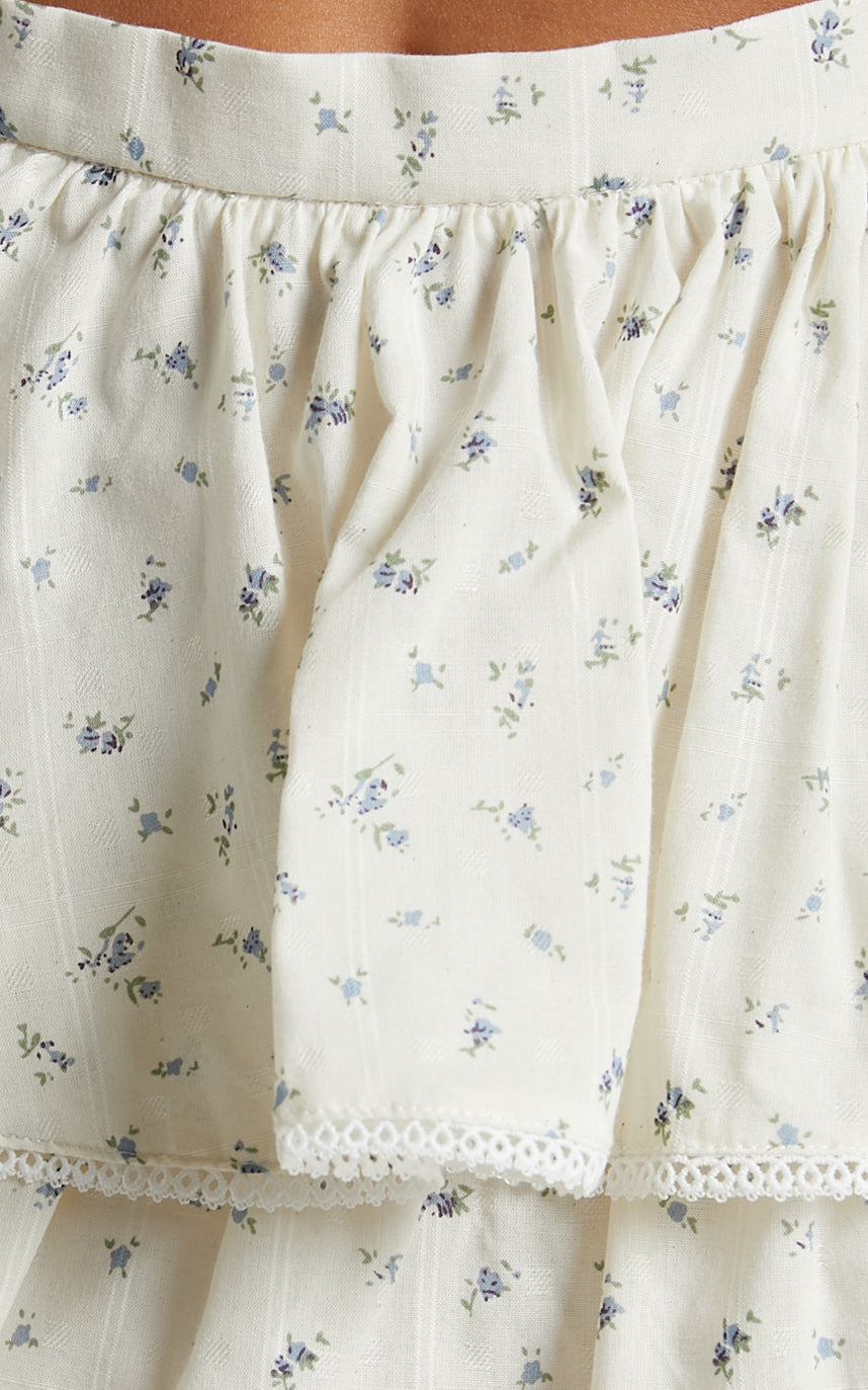 Normae Two Piece Set - Long Sleeve Bustier Top & Mini Skirt Set in White/blue floral