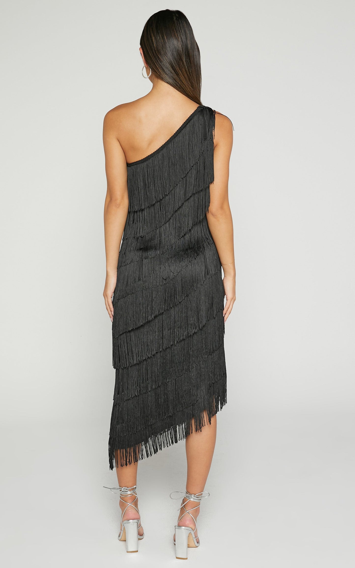 Odette Midi Dress - One Shoulder Fringing Detail in Black