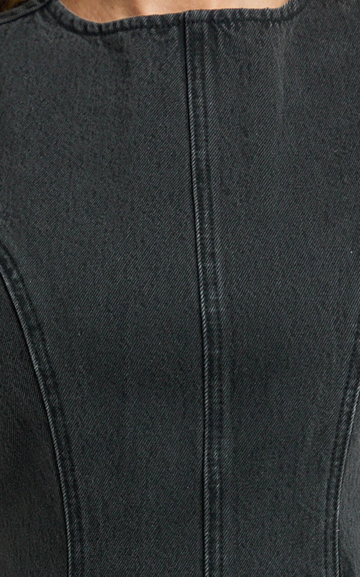 Olenna Mini Dress - High Neck Fitted Denim Dress in Washed Black