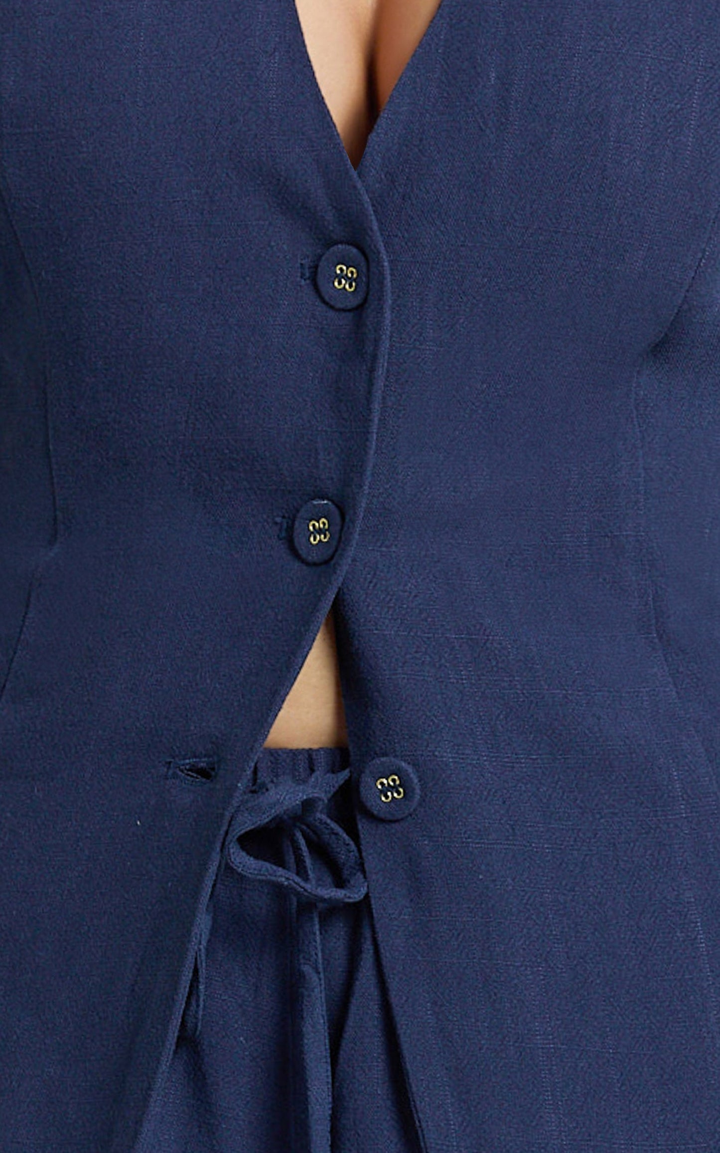 Olivia Top - Longline Linen V Neck Back Tie Vest Top in Navy