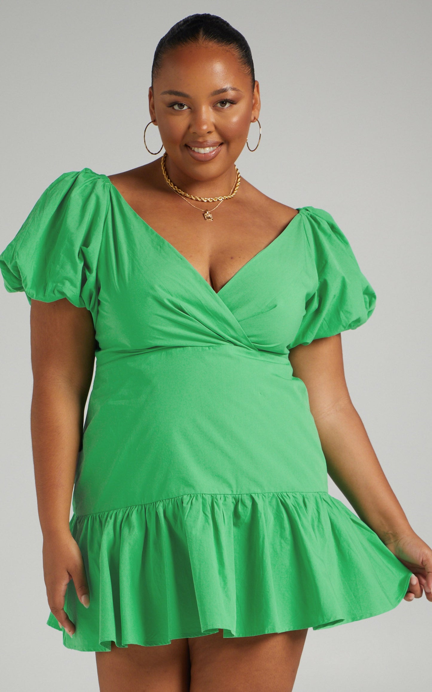 Brighton Mini Dress - Puff Sleeve Ruffle Dress in Green