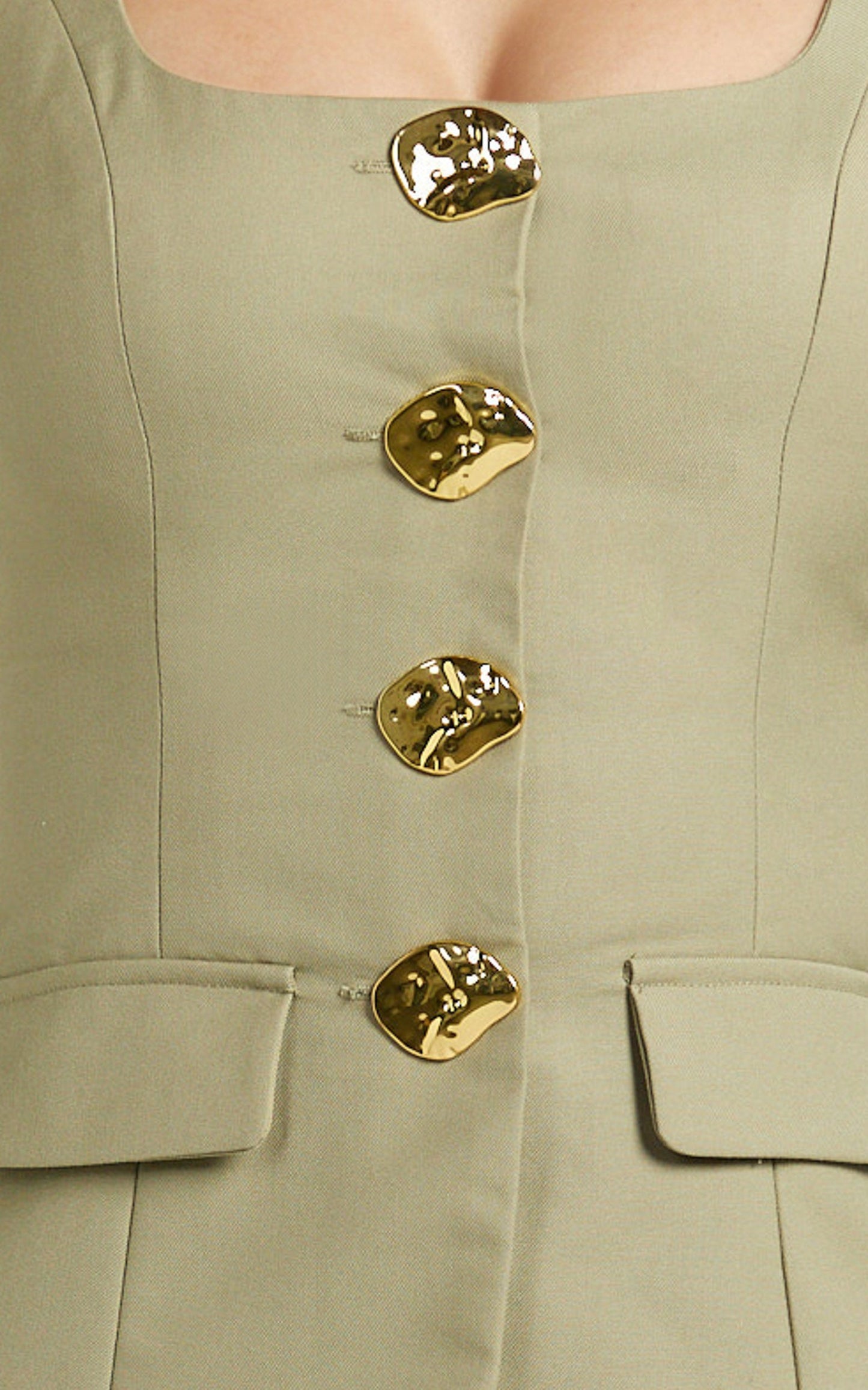 Phyllis Two Piece Set - Tailored Scoop Neck Vest Top and A Line Mini Skirt Set with Gold Buttons in Sage