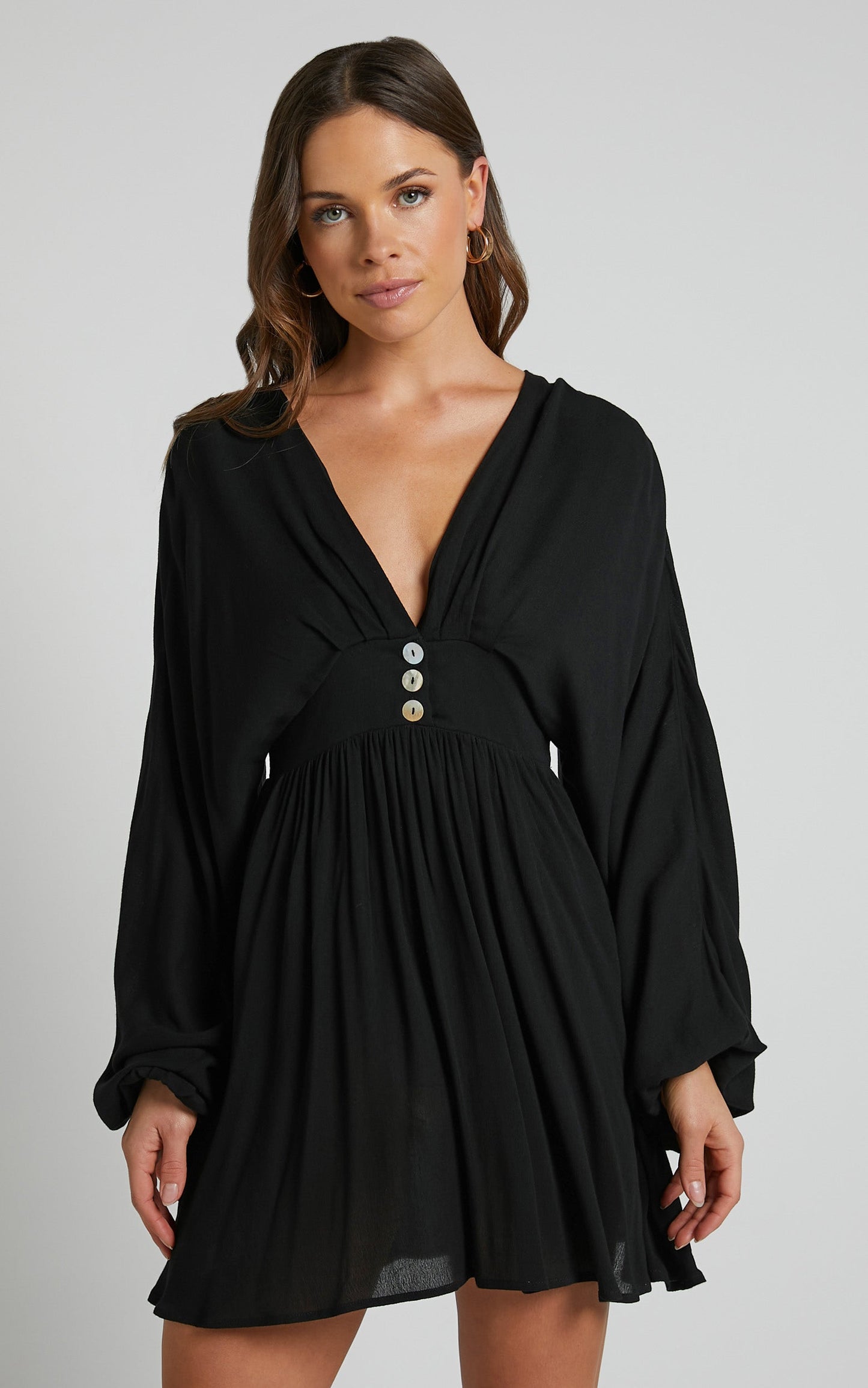 Piper Mini Dress - Long Sleeve Button Front Dress in Black
