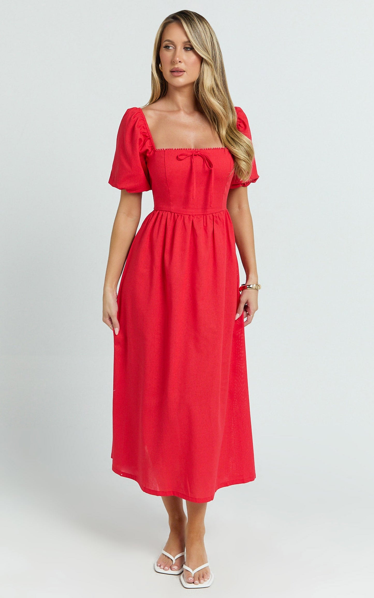 Quinn Midi Linen Blend Dress - Puff Sleeve Square Neck Dress in Red