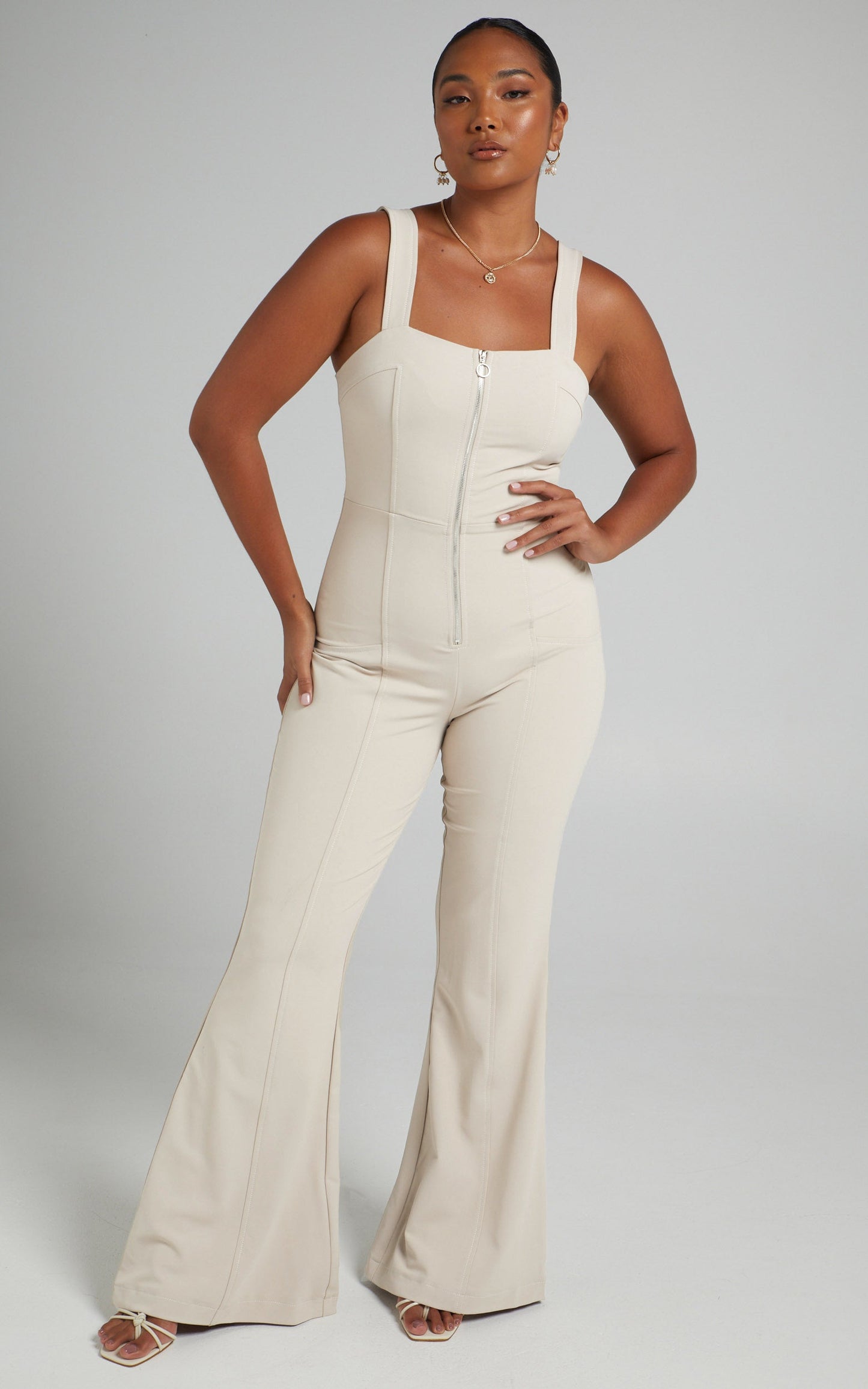 Georgianna Flare Contrast Stitch Detail Jumpsuit in Beige