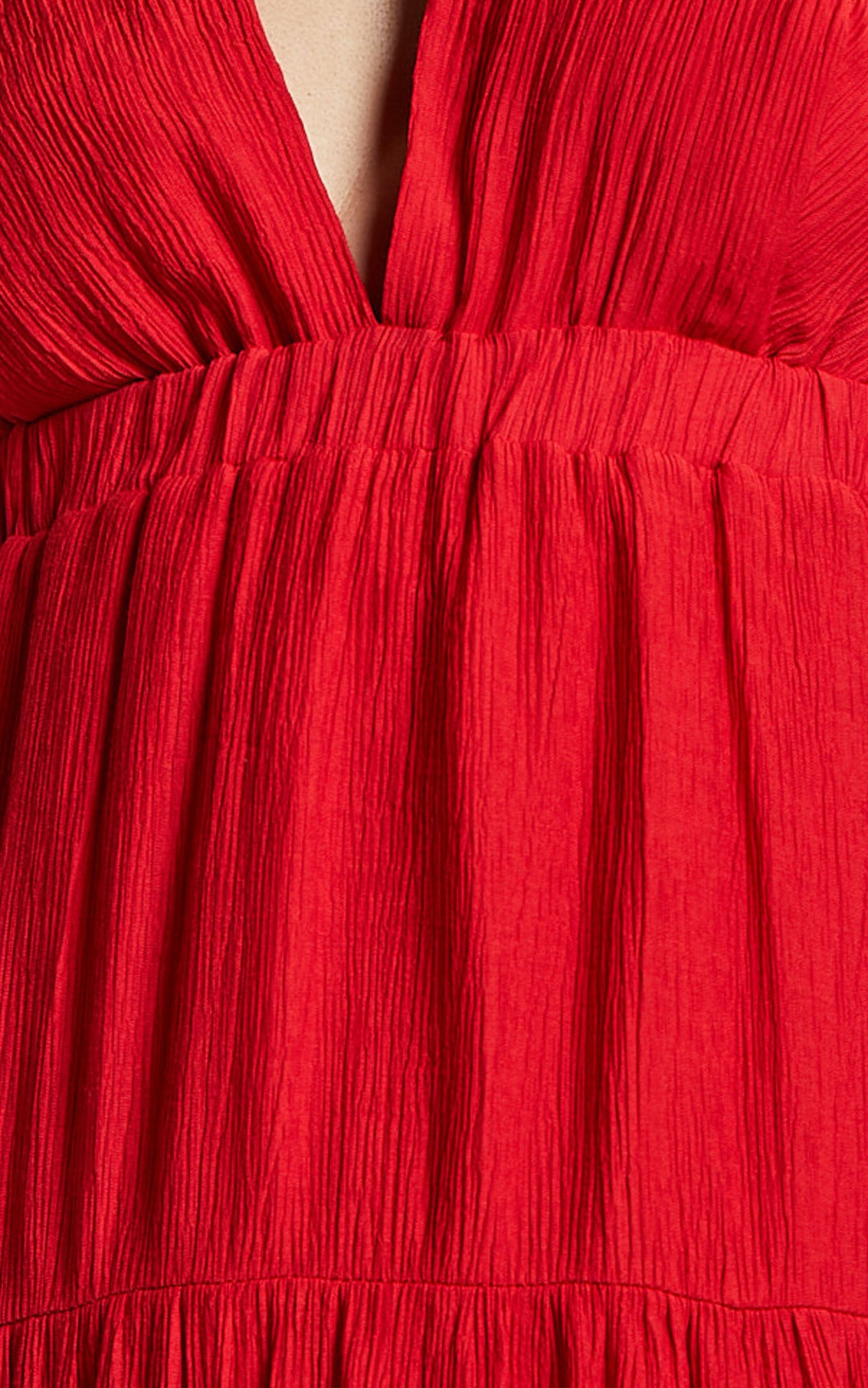 Ramira Mini Dress - Tie Shoulder Plunge Elastic Waist Tiered in Red