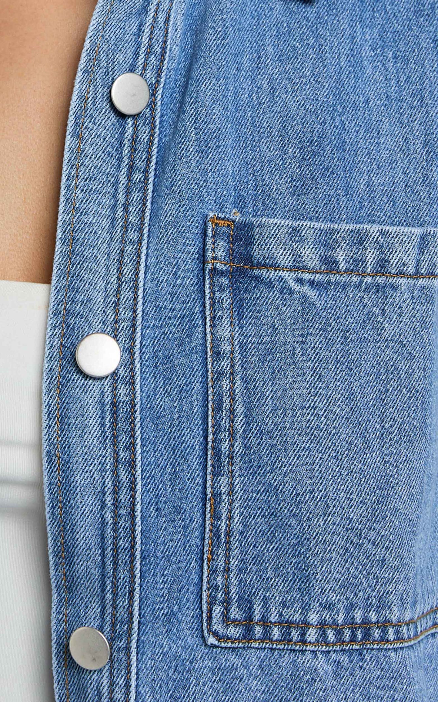 Rhianna Top - Oversized Recycled Denim Hardware Detail Short Sleeve Shirt in Mid Blue Wash