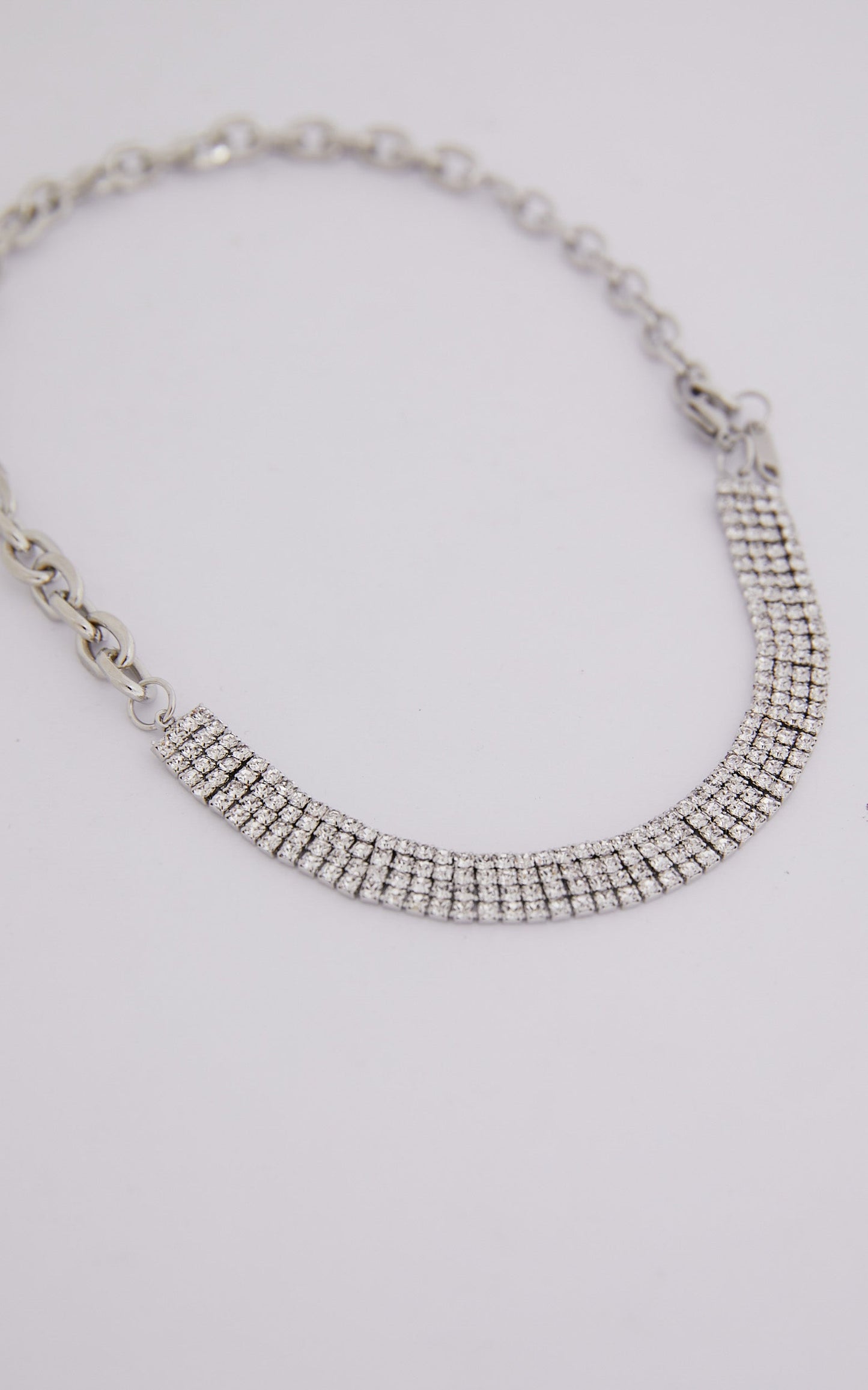 Rhianwen Necklace - Half Diamante Half Chain Necklace in Silver