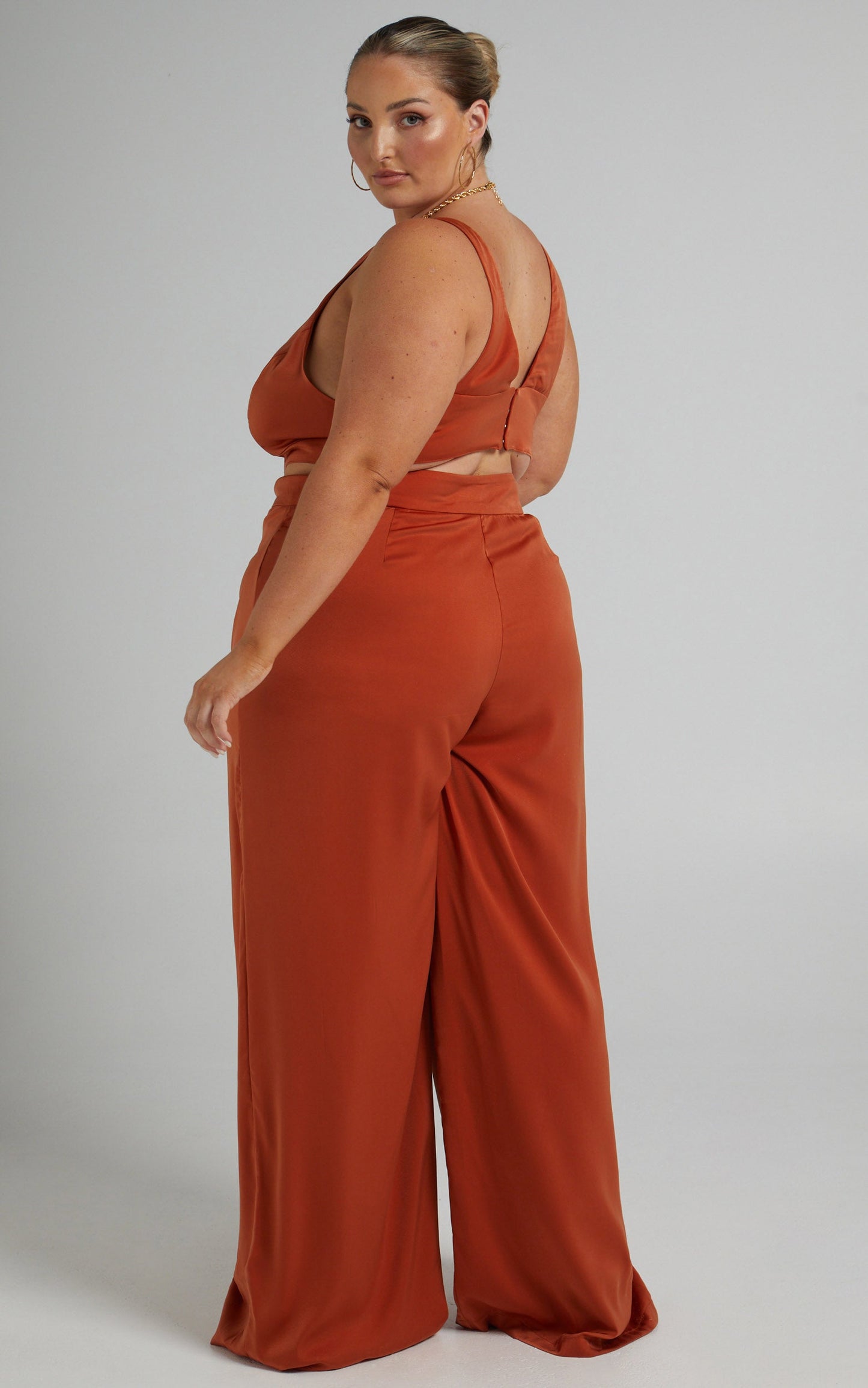 Alexandra Two Piece Pant Set in Rust Satin