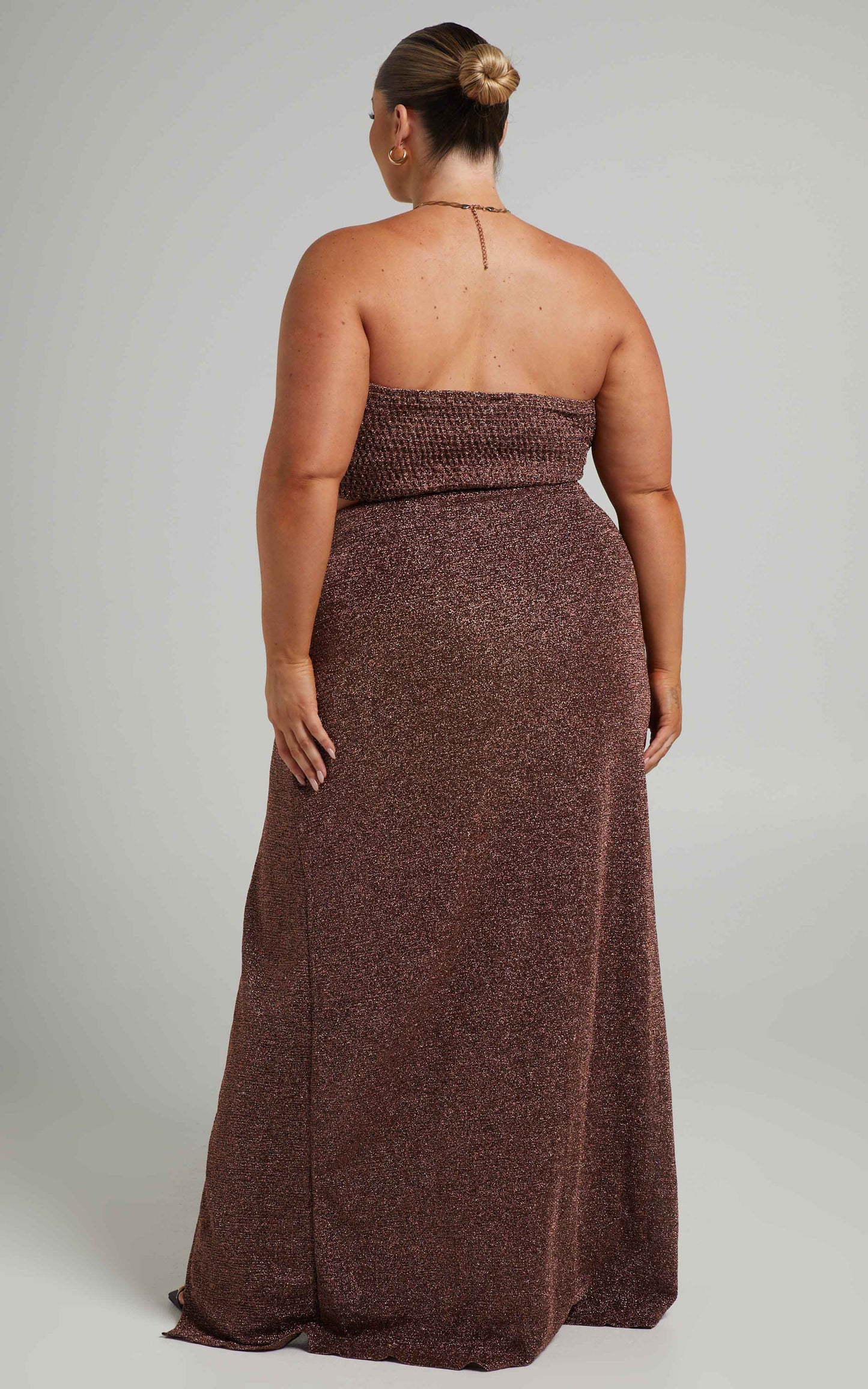 Ariane Cut Out Strapless Maxi Dress with Leg Split in Copper