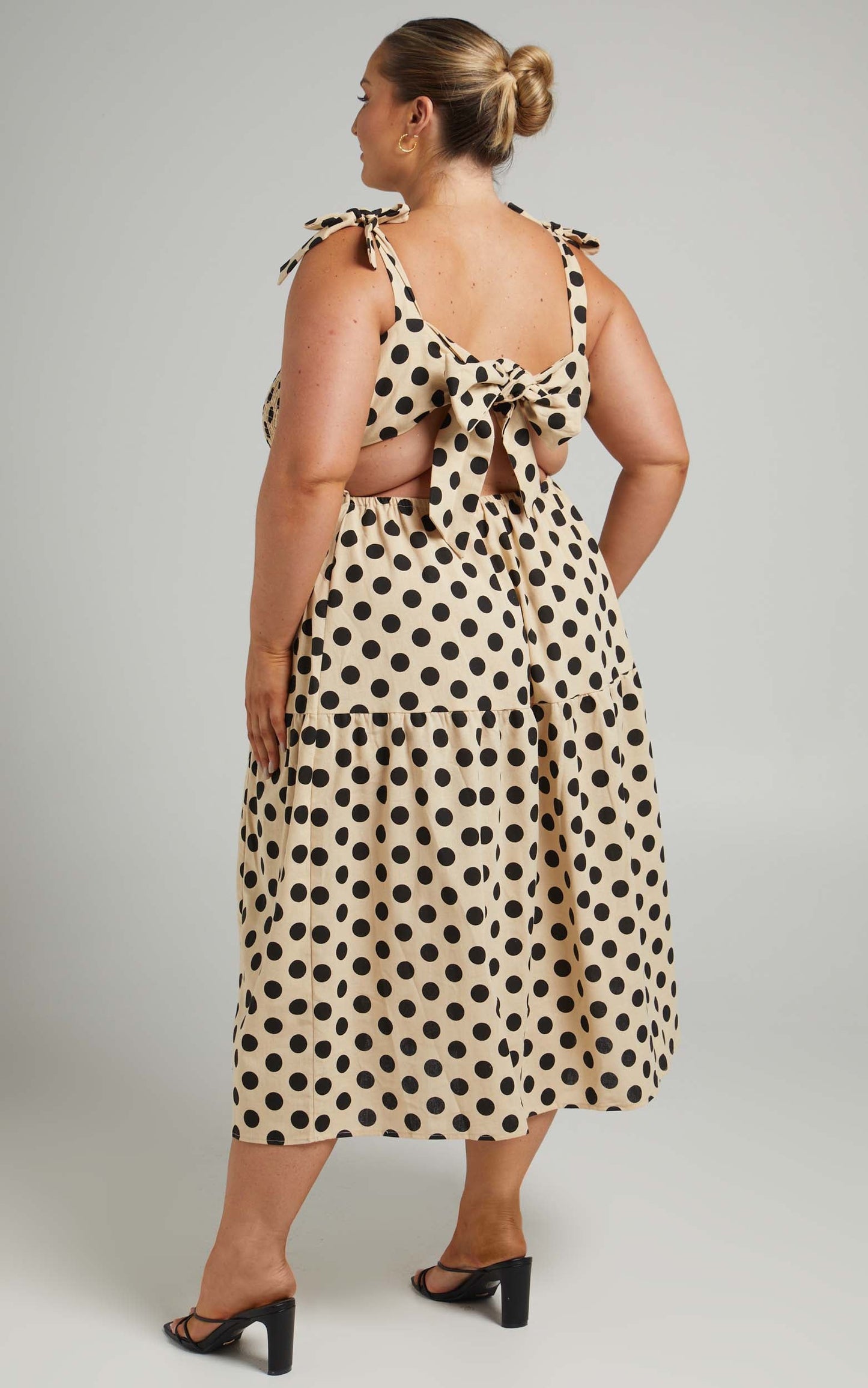 Charine Midi Dress - Linen Shirred Bodice Tiered Dress in Biscuit Spot