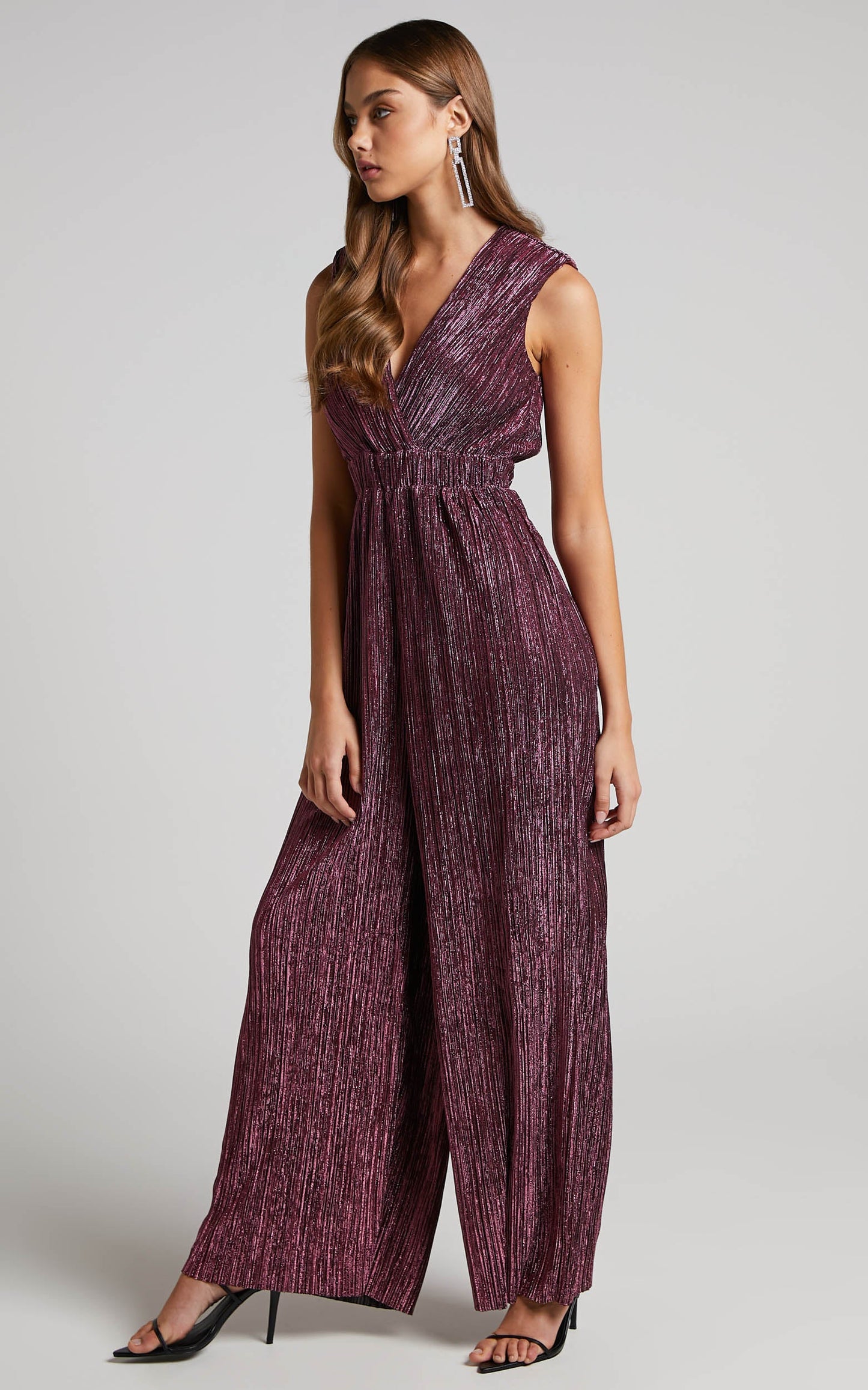 Roellah Jumpsuit - Lurex Plisse Sleeveless Palazzo Jumpsuit in Plum