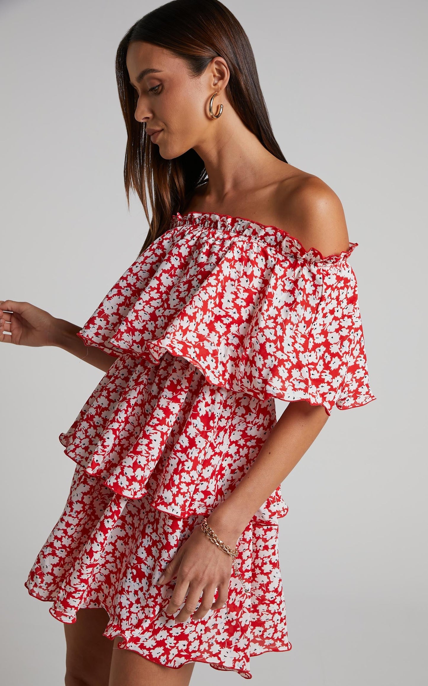 Rosario Mini Dress - Tiered Off Shoulder Dress in Red Ditsy Floral