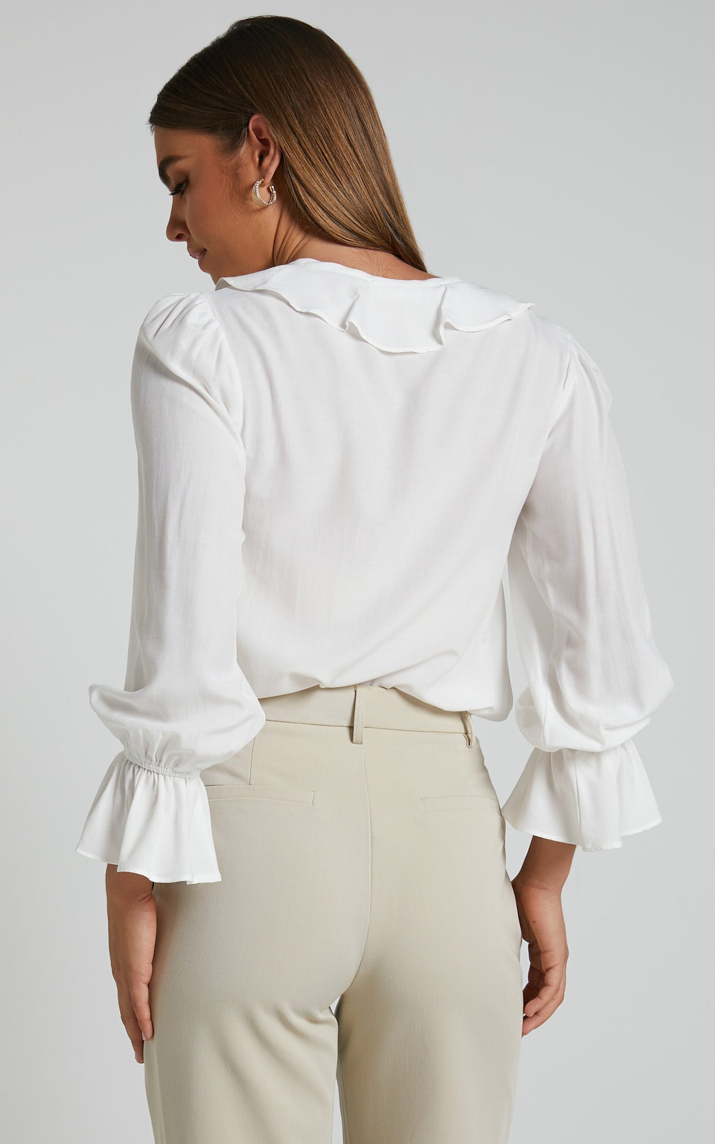 Royalene Blouse - Frill Detail Balloon Sleeve Blouse in Off White