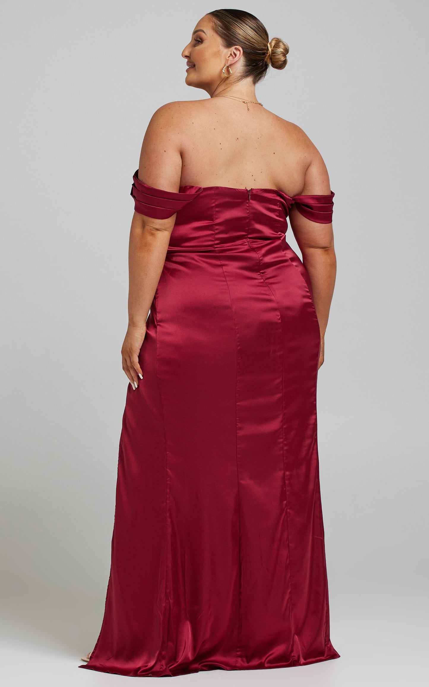 Faye Off Shoulder Maxi Dress in Wine Satin