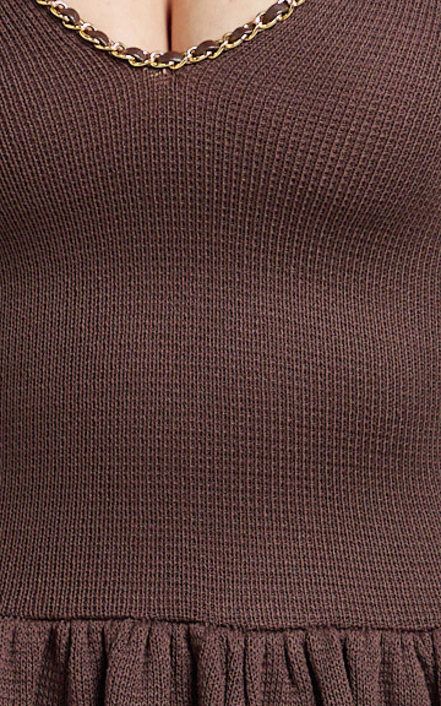 Shailene Mini Dress - Chain Strap V Neck Knitted Dress in Chocolate