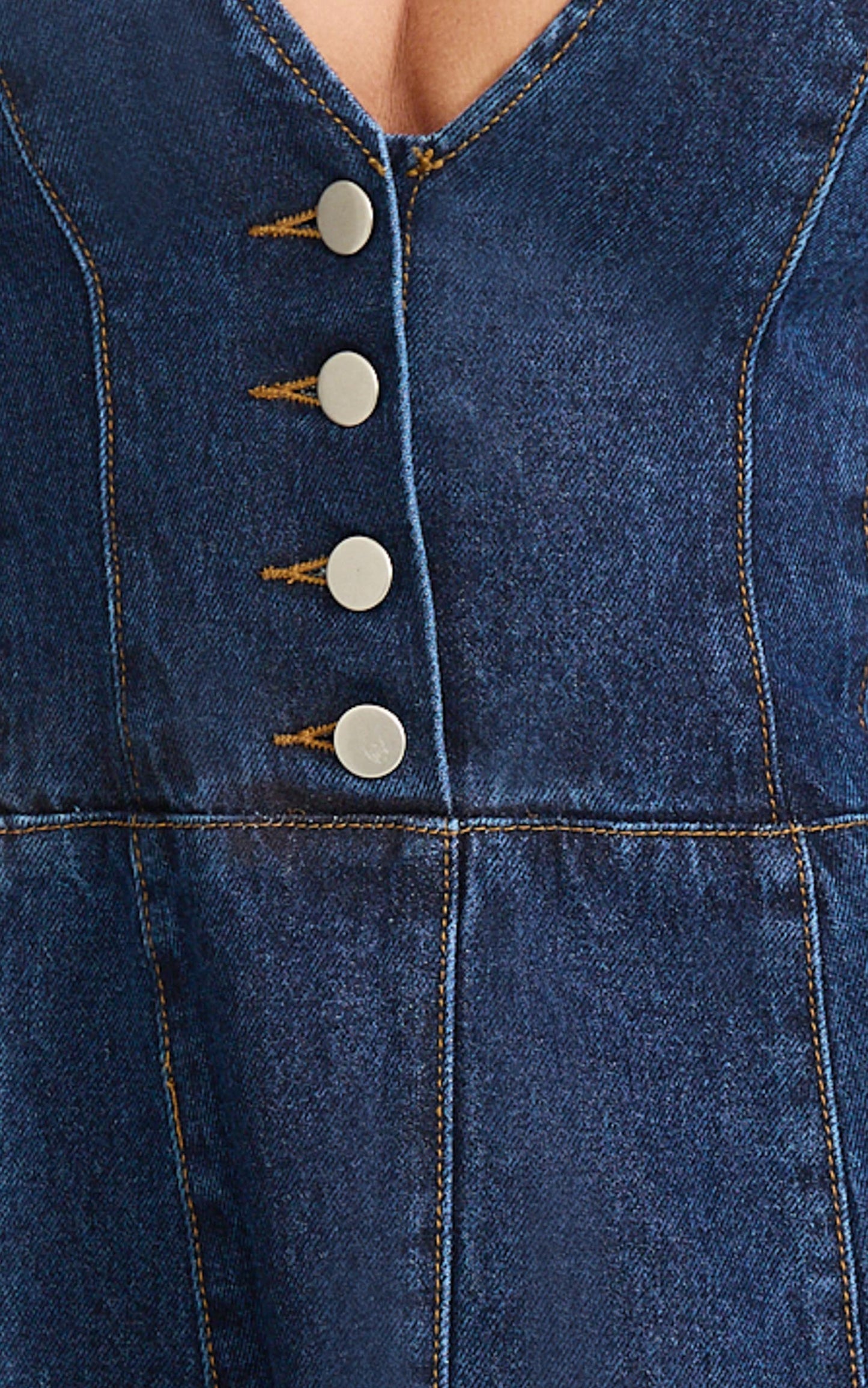 Sophie Mini Dress - Puff Sleeve V Neck Button Down Denim Dress in Dark Blue Wash