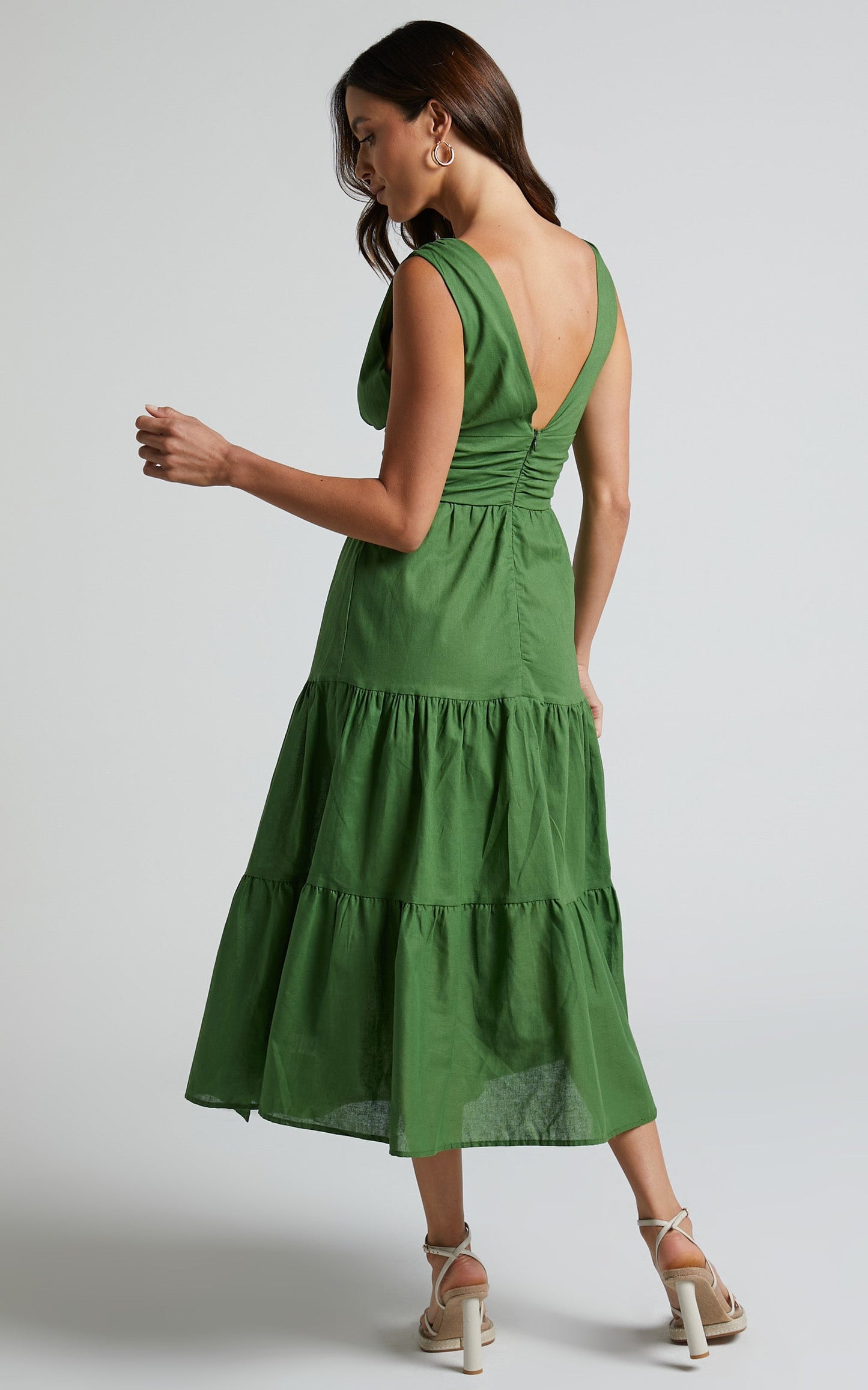 Spencer Midi Dress - V Neck Cut Out Tiered Dress in Green
