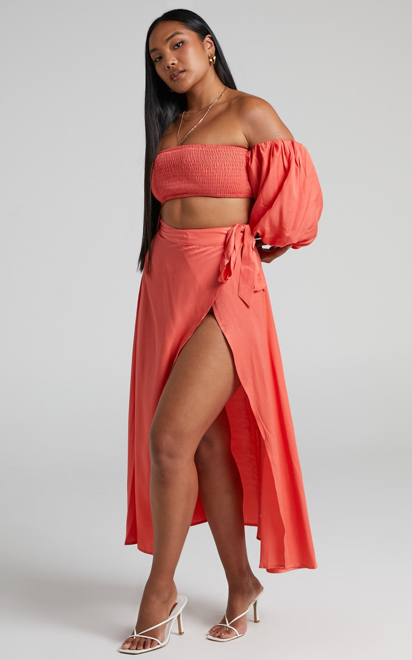 Steffie Two Piece Set - Shirred Off Shoulder Crop Top and Wrap Midi Skirt Set in Orange
