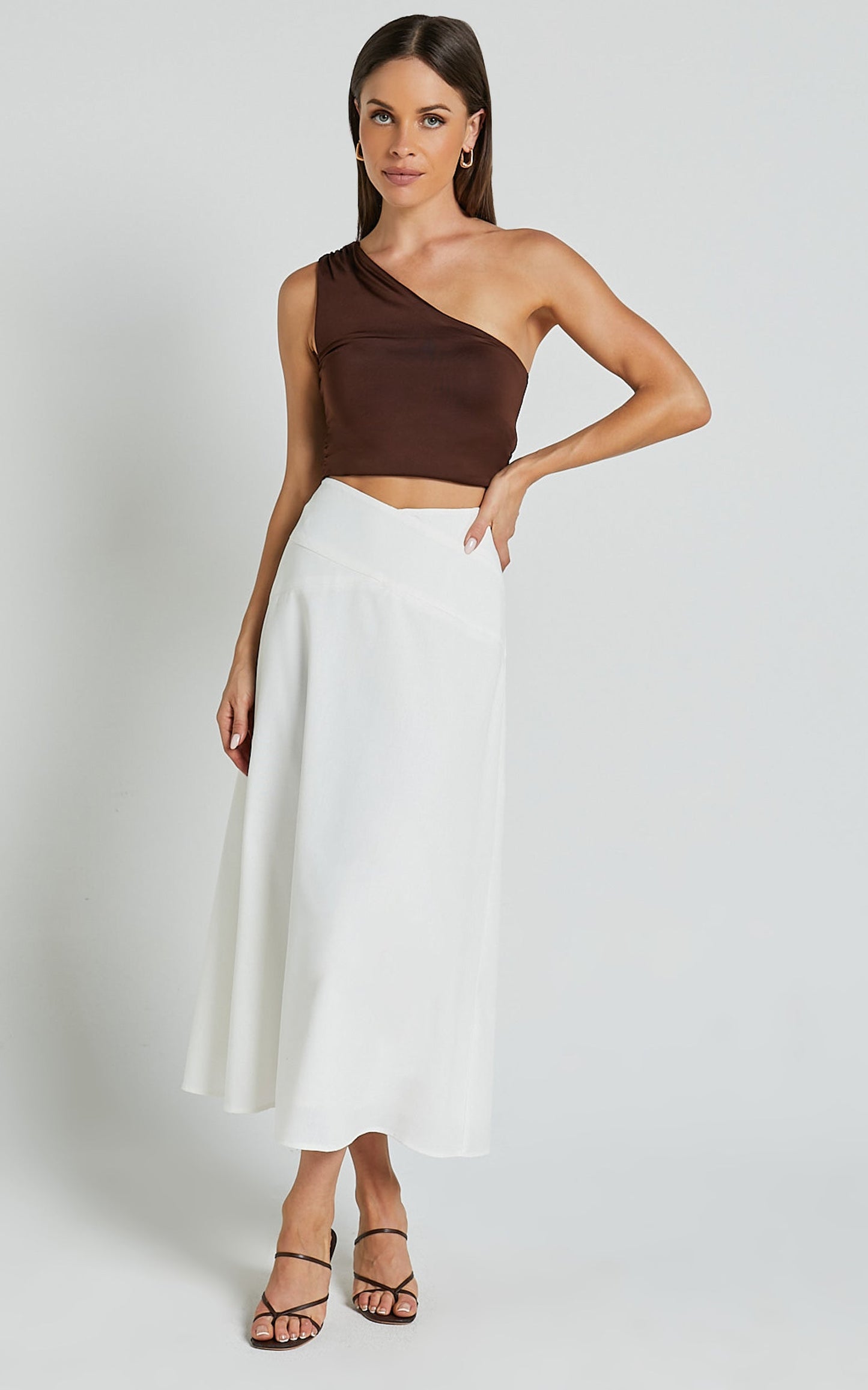 Sundry Midi Skirt - Linen High Waisted Cross Front Detail Skirt in Off White